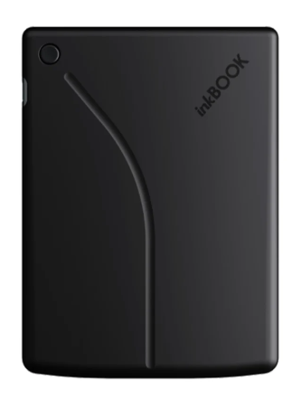 Czarny czytnik e-booków InkBOOK. Zaokrąglone rogi, okrągły przycisk i zakrzywiony rowek. Nazwa marki wydrukowana u góry po prawej.