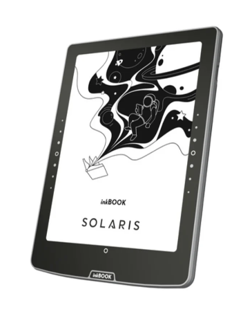 Czytnik e-booków InkBook Solaris wyświetla astronautę w kosmosie, z planetami i gwiazdami. Na ekranie napis 'SOLARIS'.
