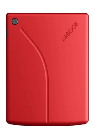 Czerwone urządzenie inkBOOK. Ma zakrzywioną linię z przodu. Przycisk w lewym górnym rogu. Marka widoczna w prawym górnym rogu.
