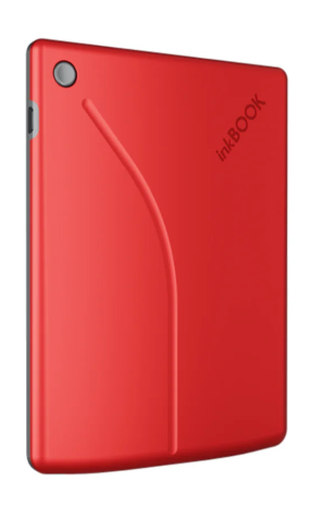 Czerwony czytnik e-booków inkBOOK, lekko pod kątem. Ma zakrzywiony element designu, przycisk zasilania i logo inkBOOK.
