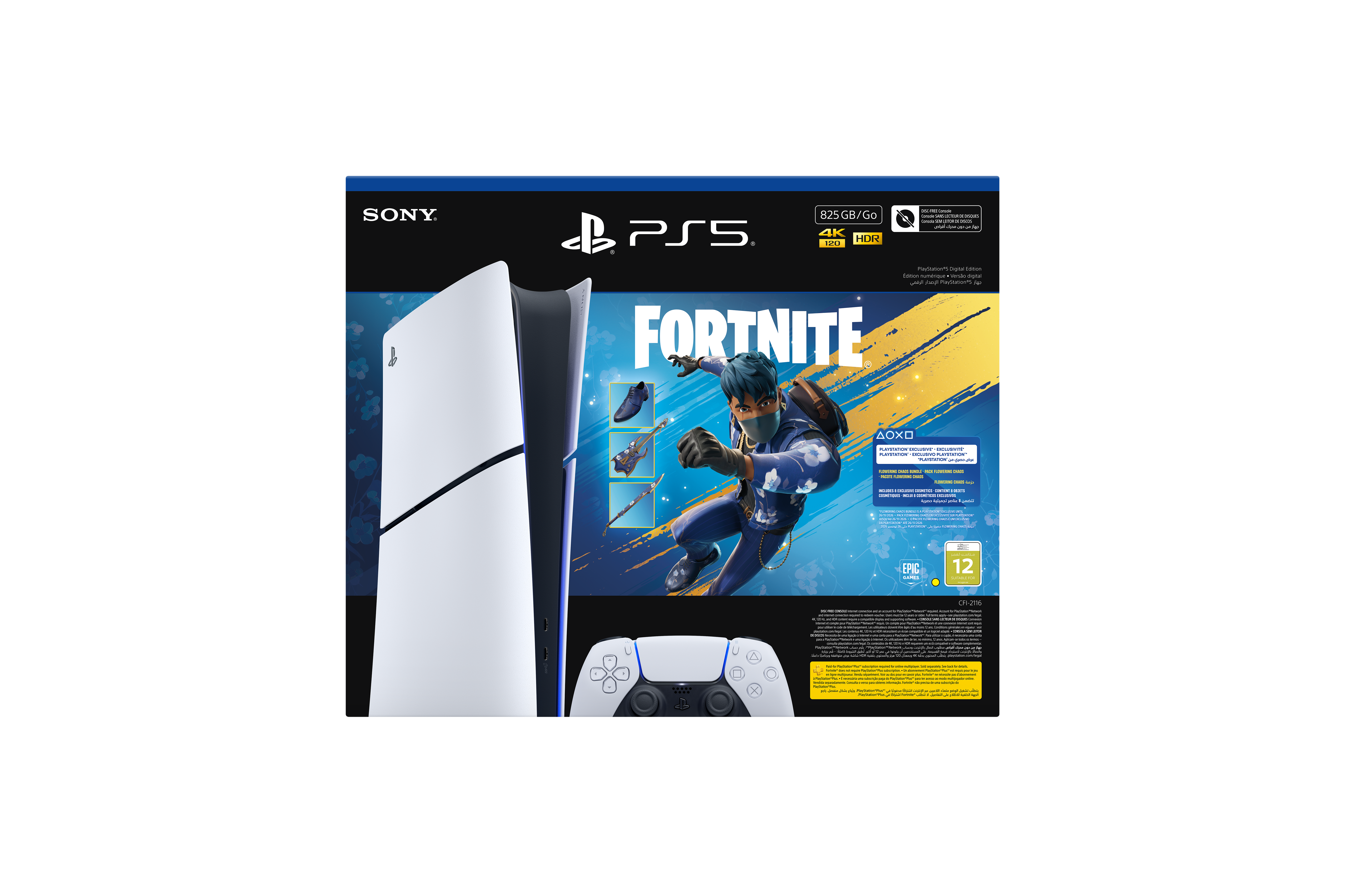 Fortnite karakterli, kumandalı ve oyun detaylı PS5 konsol kutusu.