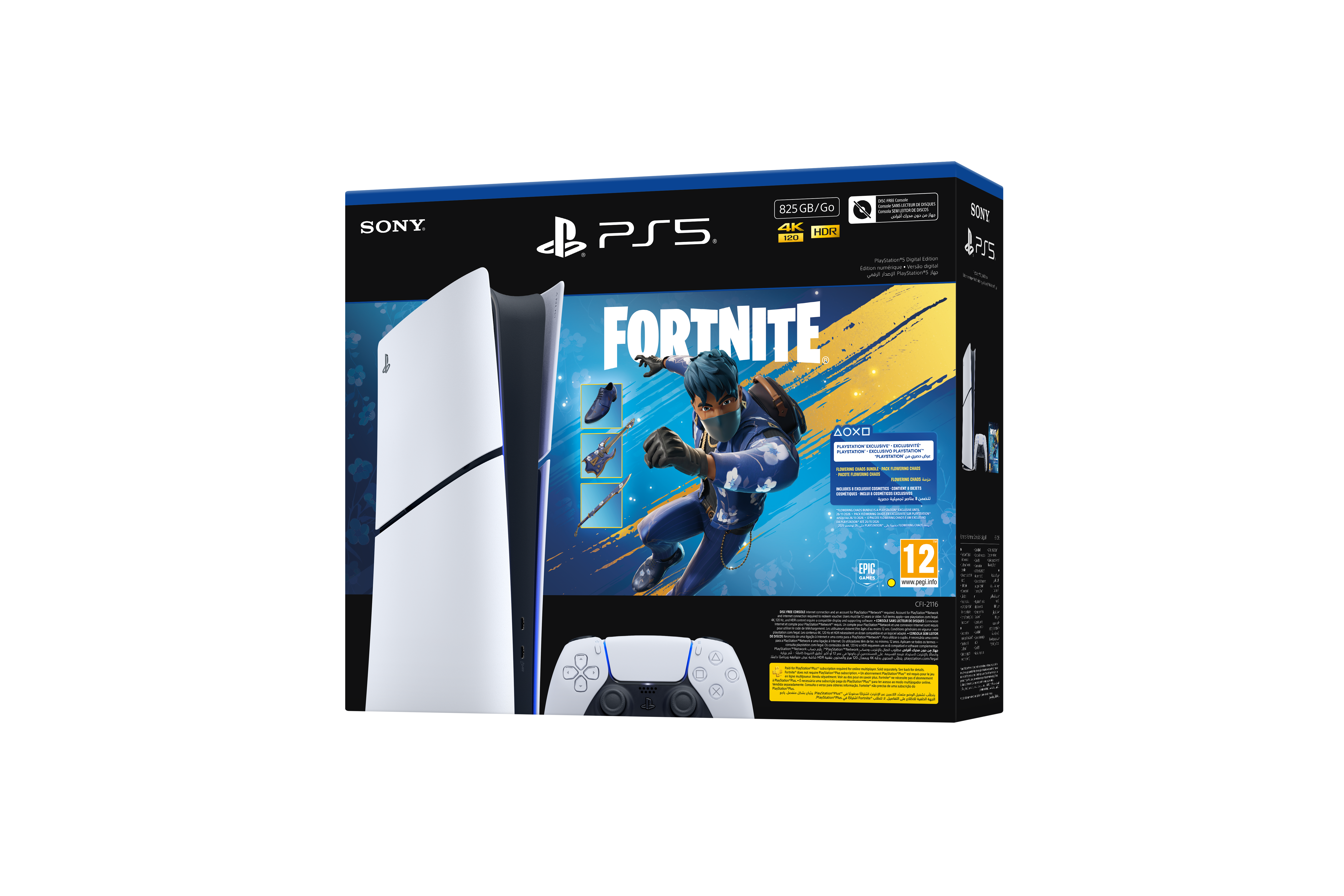 Fortnite oyunu, kumanda ve oyun detayları ile PS5 konsol kutusu.