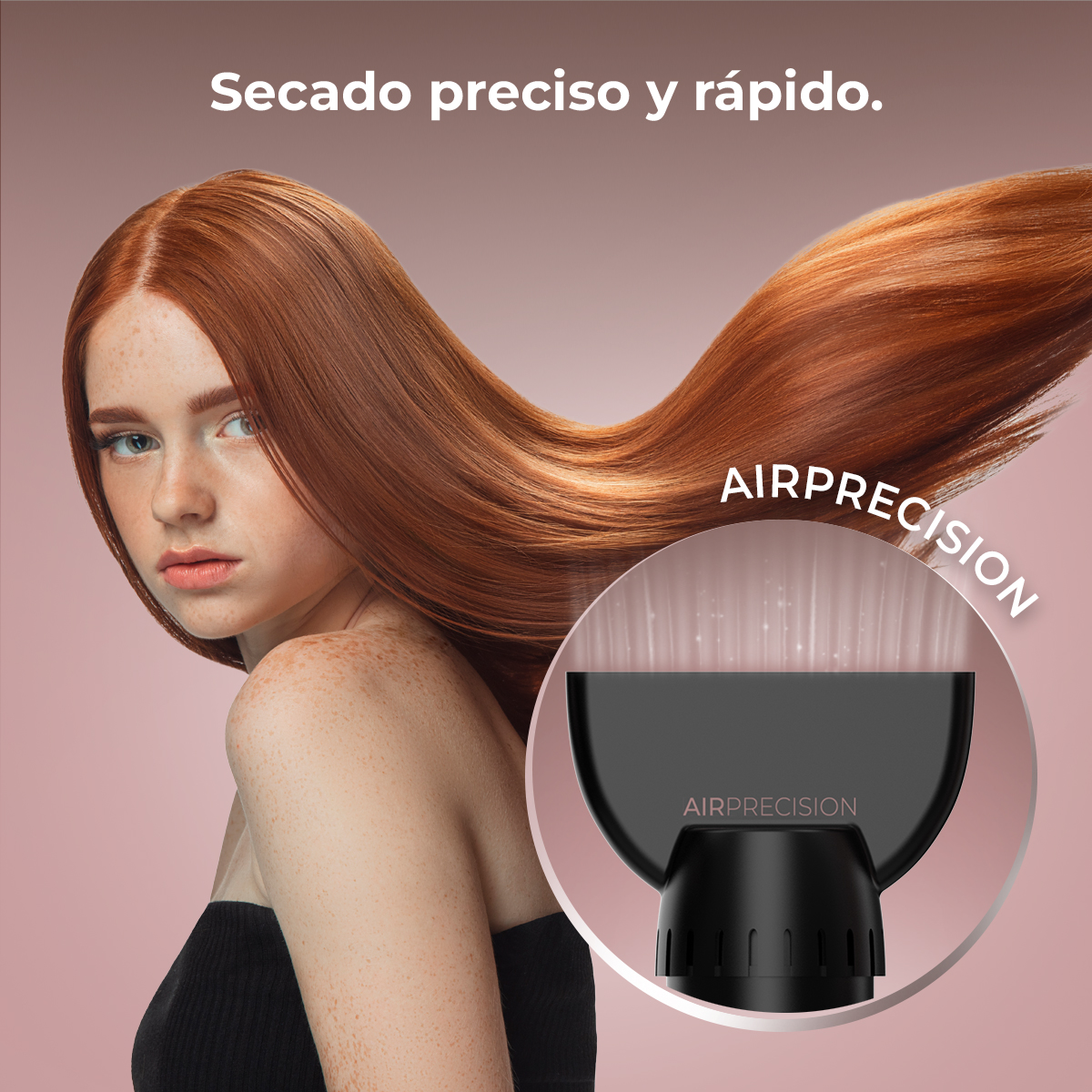 Se muestra a una mujer pelirroja, se presenta un secador de pelo. El cabello fluye. El fondo es rosa. El texto dice 'AIRPRECISION'.