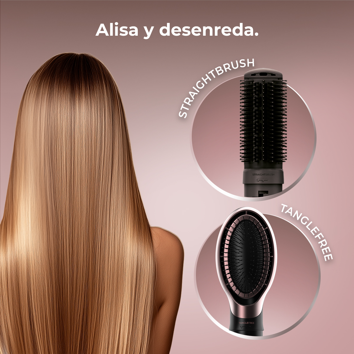 Mujer con cabello largo, lacio y rubio. Se muestran dos cepillos para el cabello, uno es un cepillo liso y el otro es desenredante.
