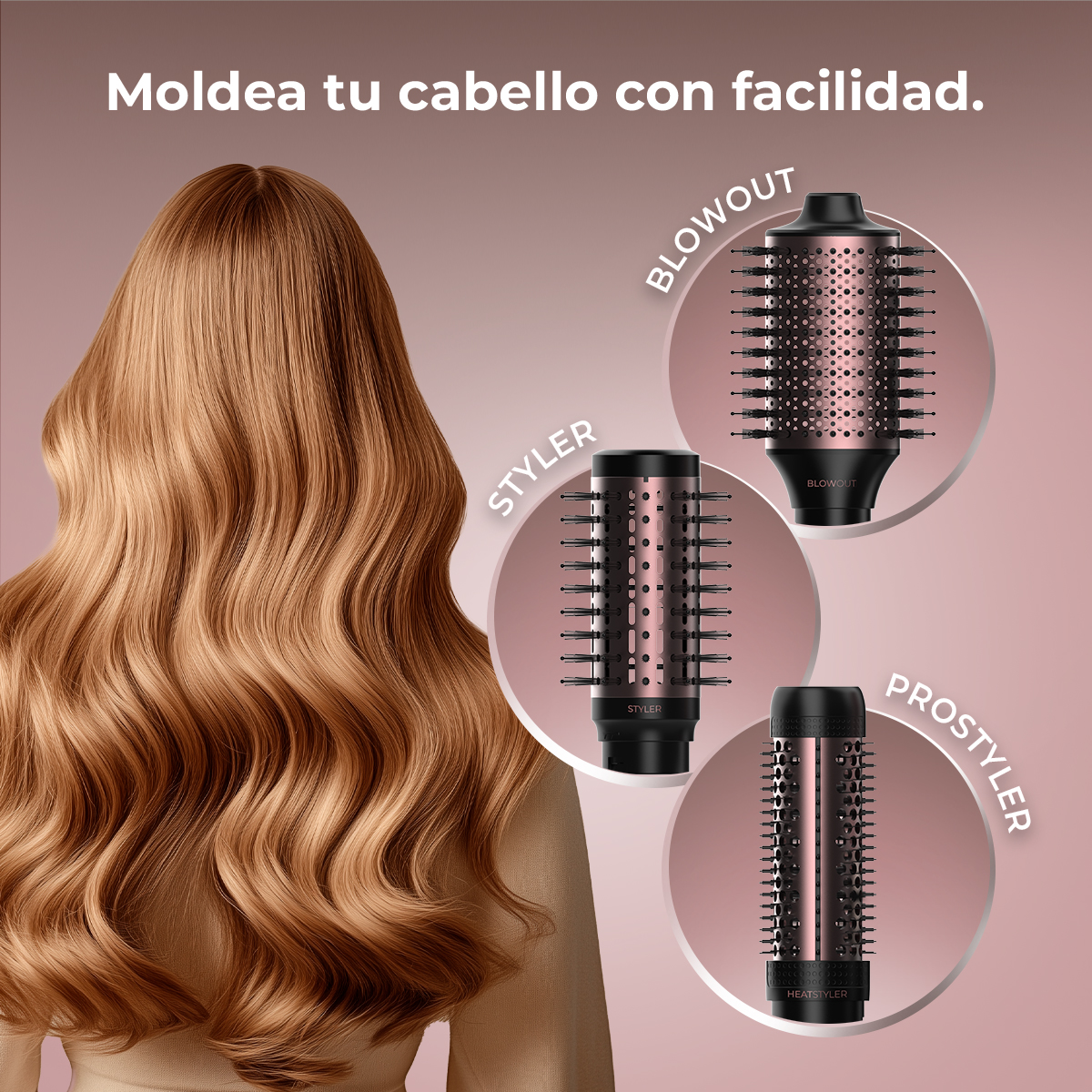 Mujer con cabello ondulado. Se muestran tres herramientas de peinado: Blowout, Styler y ProStyler, todo sobre un fondo rosa.