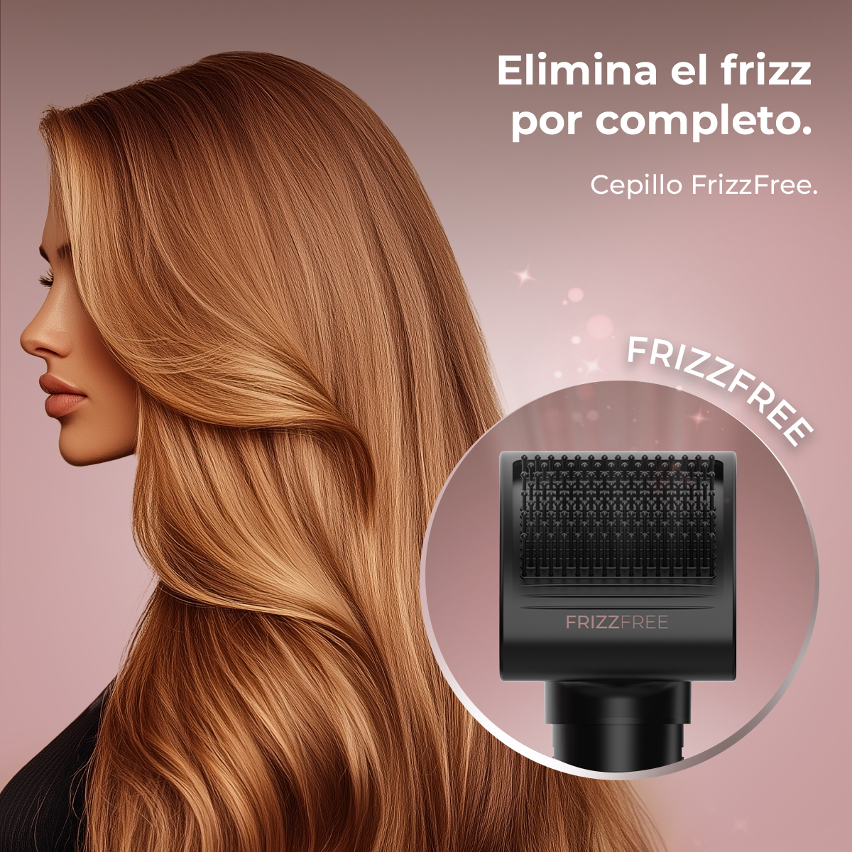 Mujer con cabello castaño largo y ondulado. Una herramienta negra para el cabello está en un círculo con el texto FrizzFree.