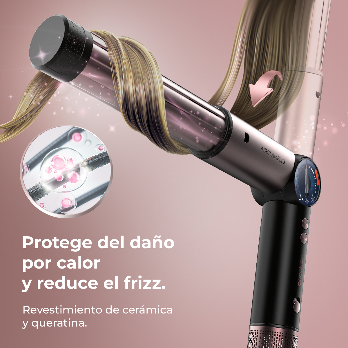 Herramienta para peinar el cabello con cabello enrollado. Vista detallada muestra el mecanismo interno y un primer plano del elemento calefactor.