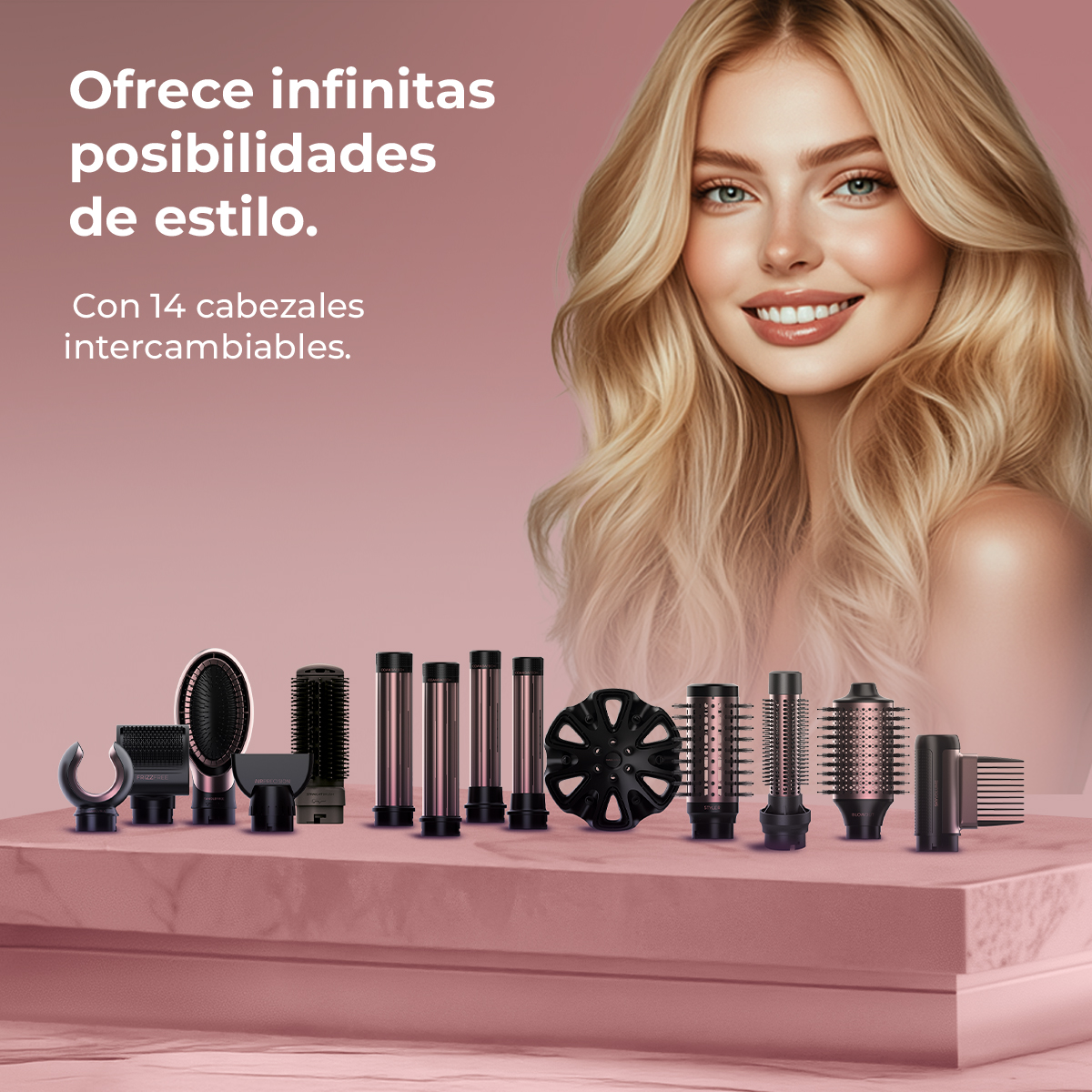 Mujer rubia sonríe junto a herramientas de peinado. Texto: Ofrece infinitas posibilidades de estilo con 14 cabezales intercambiables.