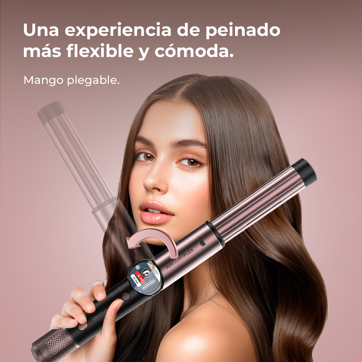 Una mujer sostiene un rizador. La plancha es oro rosa y negra, con pantalla digital. Su cabello es largo, castaño y ondulado.