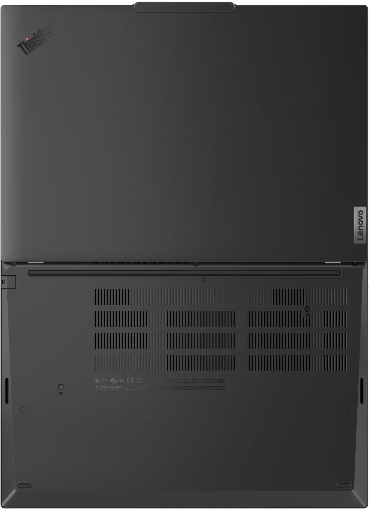 Fekete ThinkPad laptop felülnézete. A fedél nyitva van. Lenovo logó jobbra. ThinkPad logó bal felül.