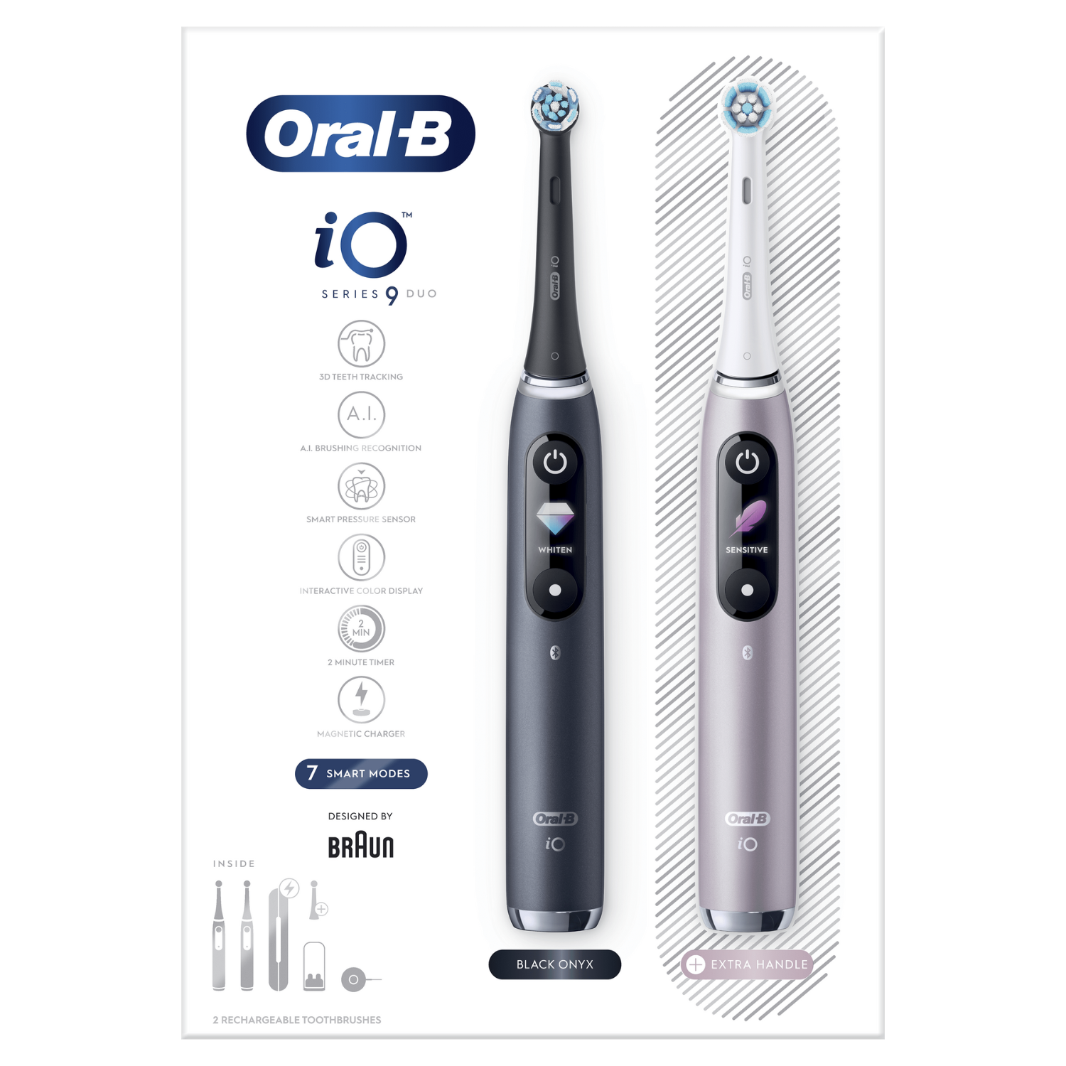 Imagen muestra dos cepillos de dientes eléctricos Oral-B iO Series 9 Duo. Uno es negro ónix, otro lila. Se muestran características.
