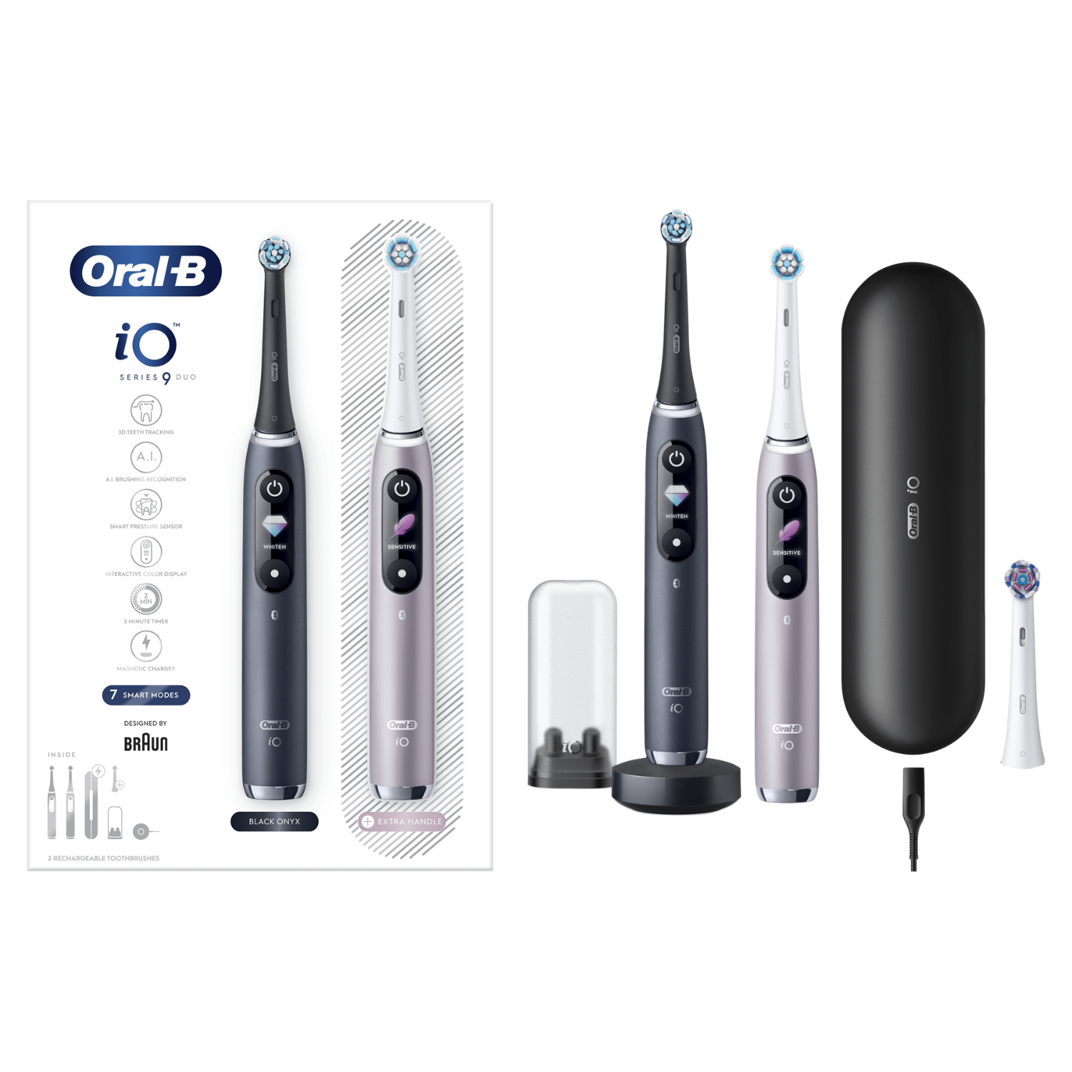 La imagen muestra un juego de cepillos de dientes eléctricos Oral-B iO Series 9 Duo. Incluye dos cepillos, cargador, estuche y cabezales extra.