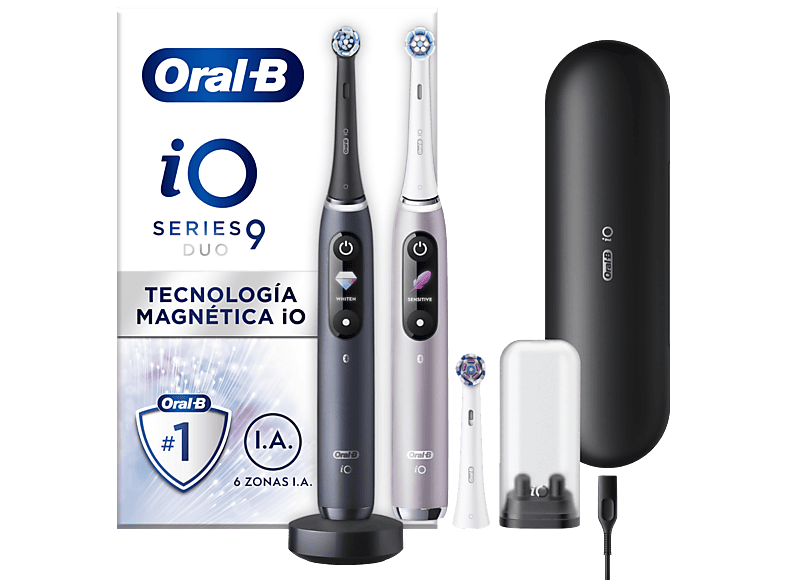Cepillo eléctrico - Oral-B iO 9, Pack doble, 3 cabezales, Seguimiento 3D con app, Con estuche de viaje, Negro y Rosa