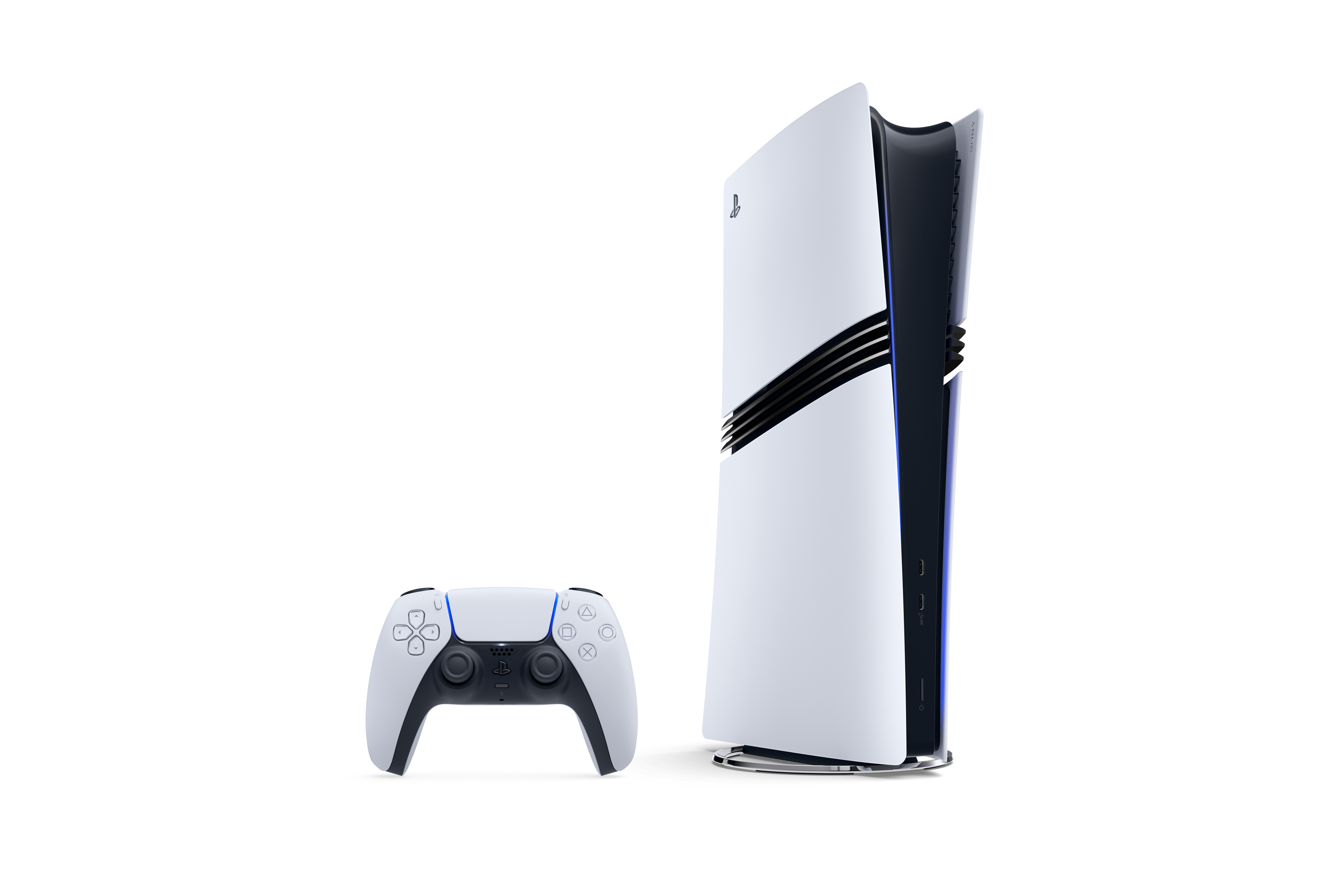 Siyah zemin üzerinde beyaz bir PlayStation 5 konsolu ve kontrol cihazı.