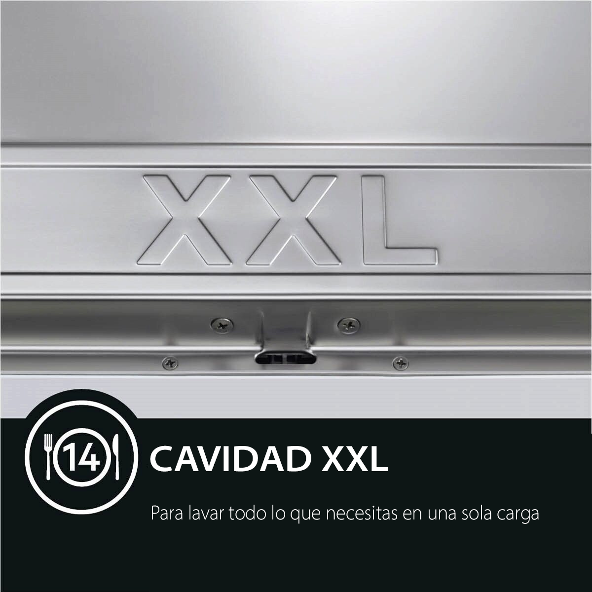 Superficie de acero inoxidable con grabado XXL. Un círculo blanco muestra tenedor, cuchillo y el número 14. Texto: 'CAVIDAD XXL'.