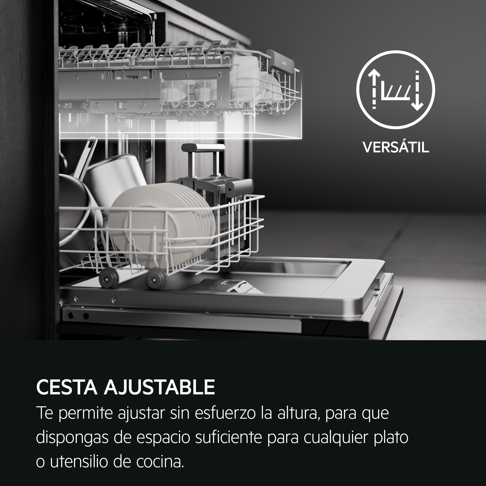 Interior de lavavajillas con platos y utensilios. Cesta ajustable mostrada. Icono versátil en el fondo. Imagen en blanco y negro.