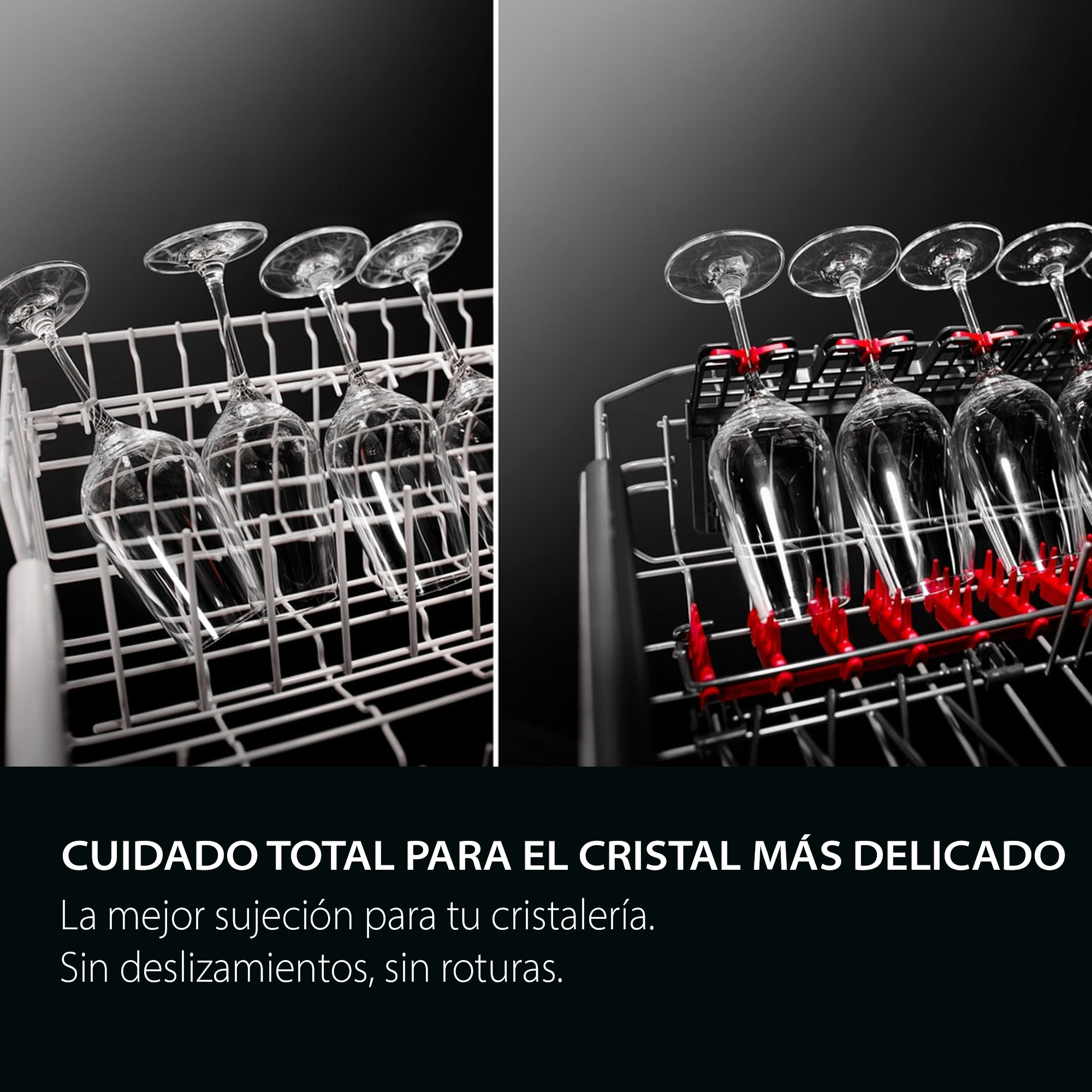 Lavavajillas con copas de vino. Los vasos se sujetan con soportes rojos. Fondo negro y texto en la parte inferior.