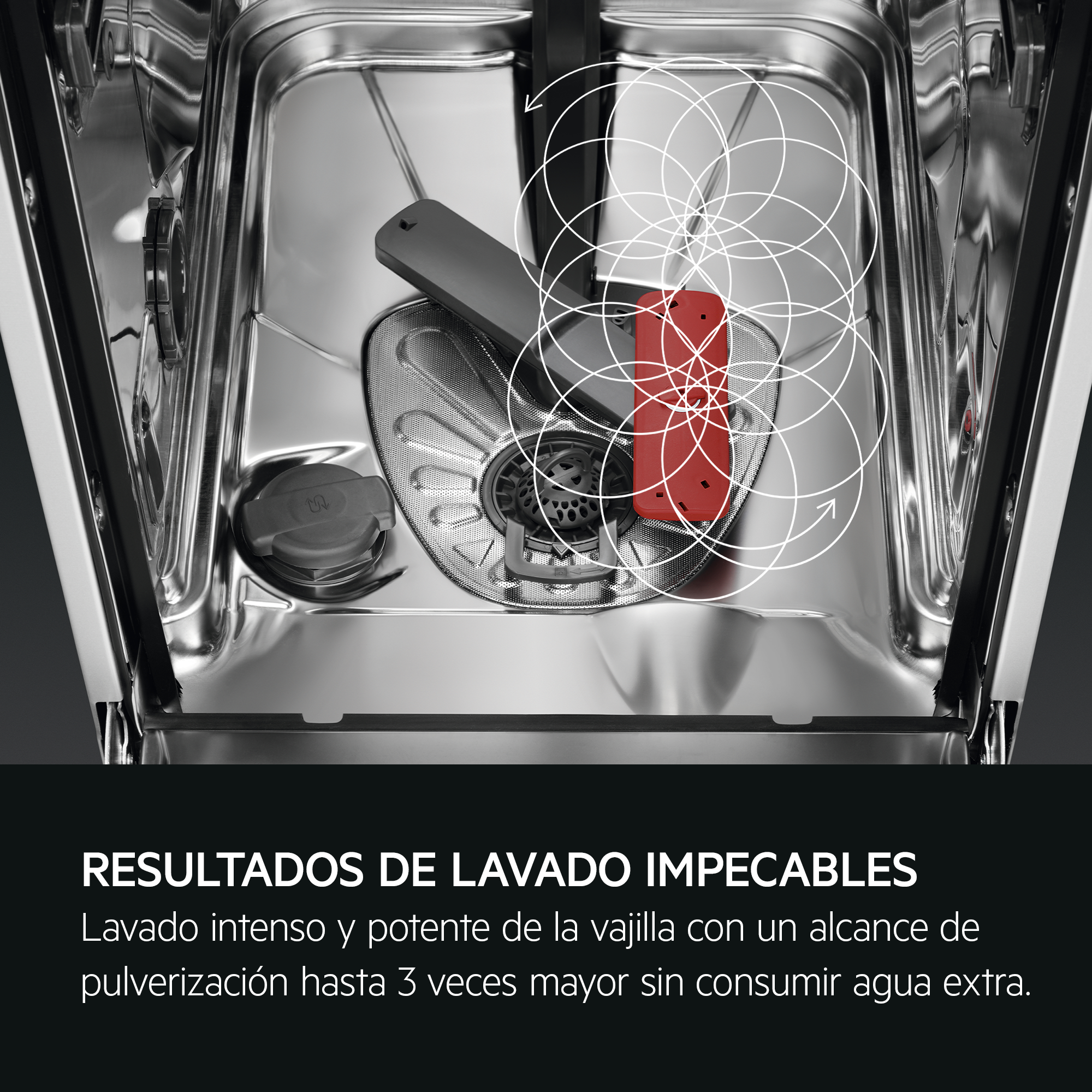 Dentro de un lavavajillas, un componente rojo es resaltado por círculos blancos. Interior plateado, elementos negros.