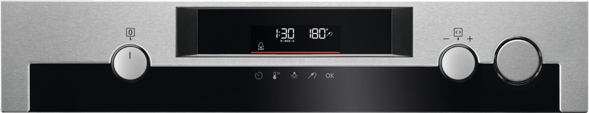 Panel de control del horno con pantalla digital de tiempo y temperatura, y mandos de ajuste.