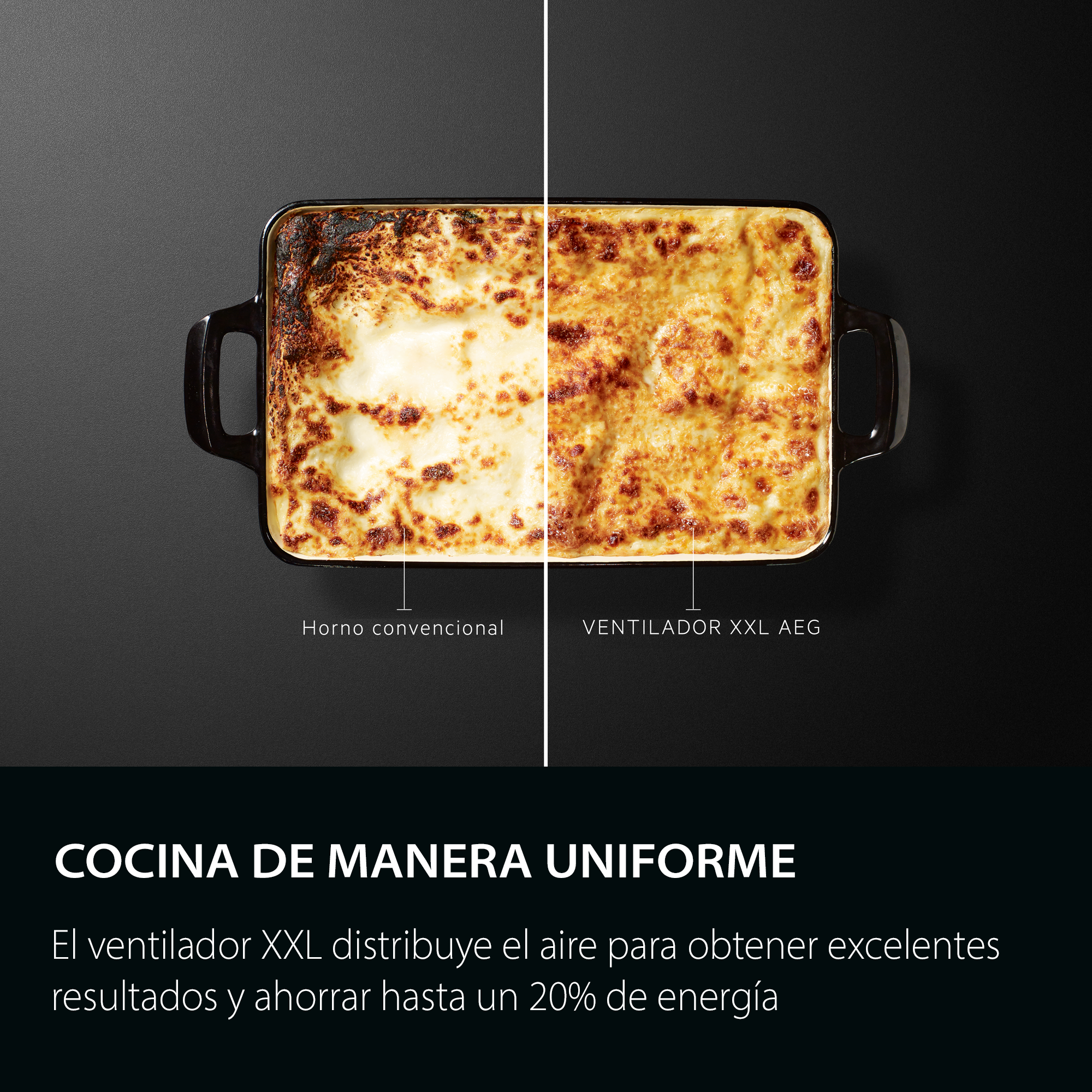 La imagen muestra lasaña horneada de dos maneras. Un lado es convencional, el otro es con ventilador AEG. El texto promueve una cocción uniforme.