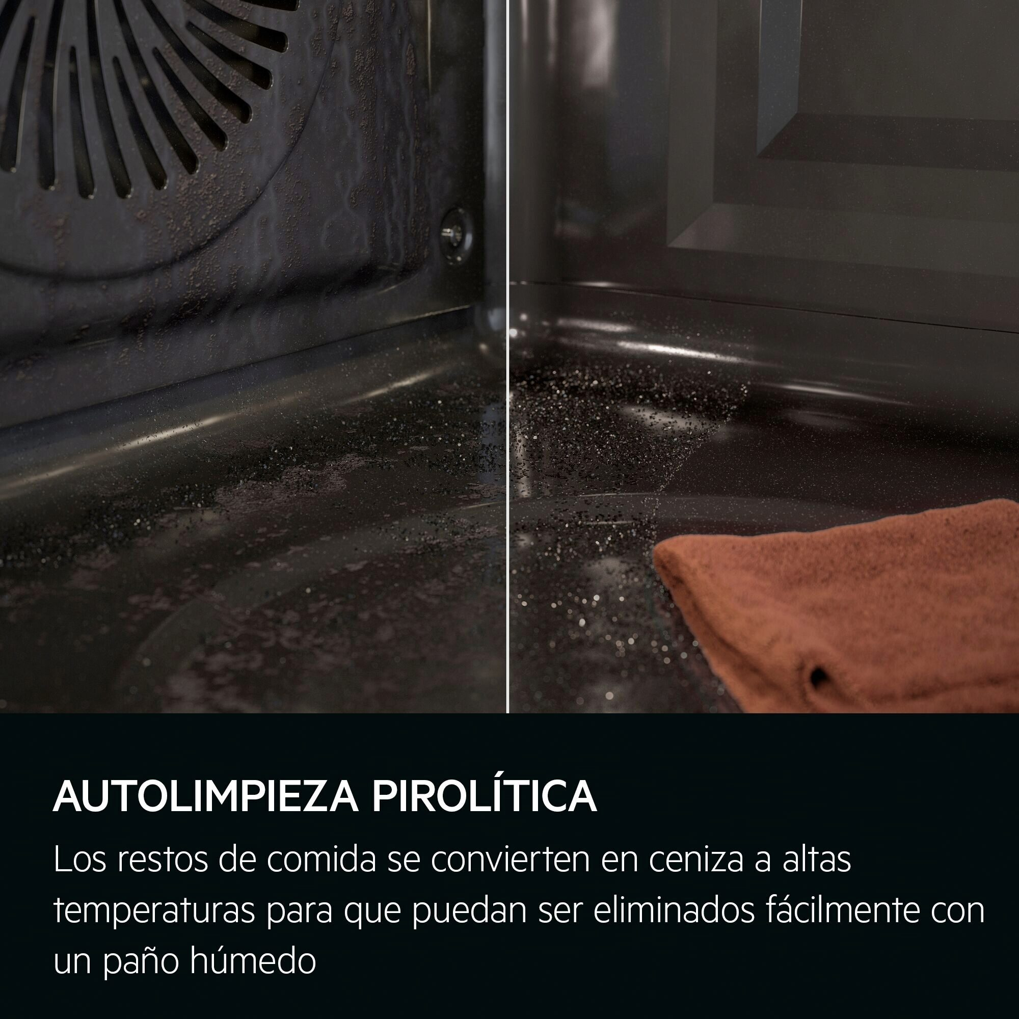 Dentro de un horno, mostrando el proceso de limpieza. Un paño marrón descansa en la esquina y las paredes del horno tienen residuos de comida.