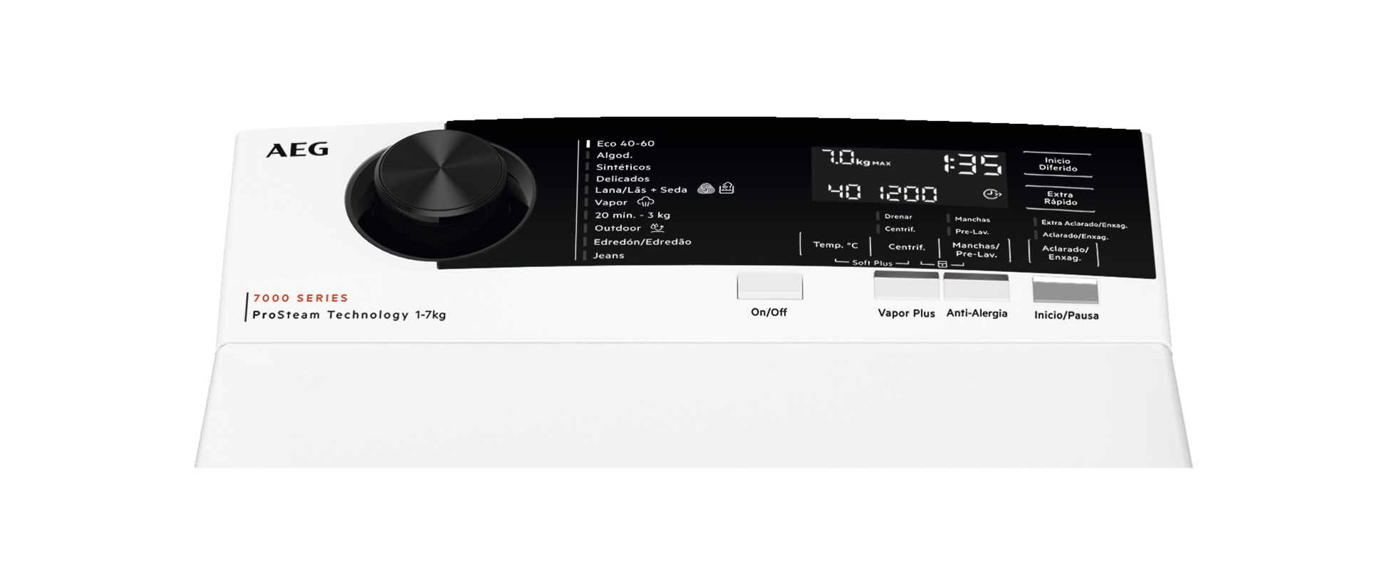 Panel de control de lavadora. Mando negro, pantalla digital con tiempo y ajustes. Cuerpo blanco con el logo de AEG.