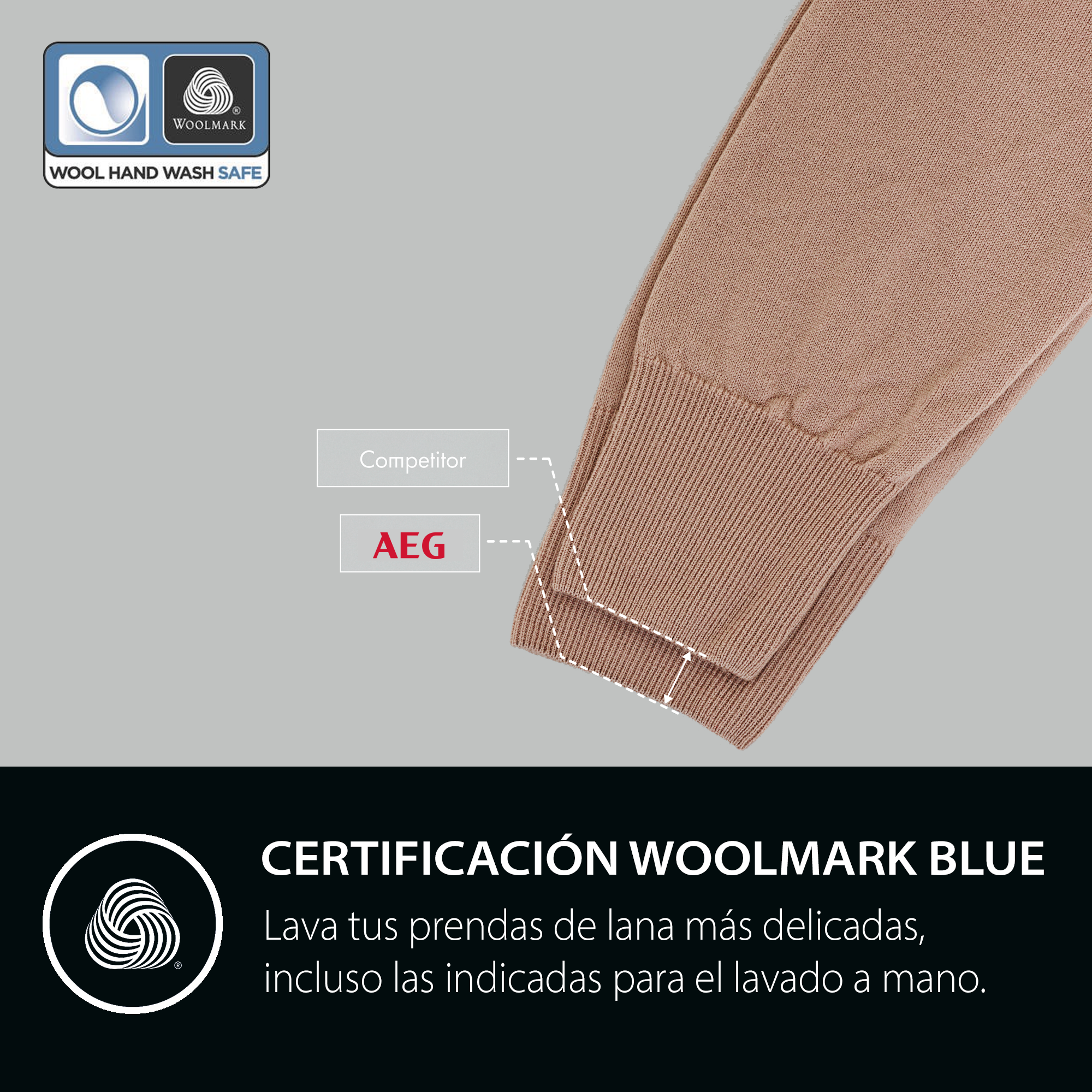 Puño de suéter beige con logotipos de Woolmark y lavado a mano seguro. El texto dice 'Competitor' y 'AEG', y 'Woolmark Blue'.