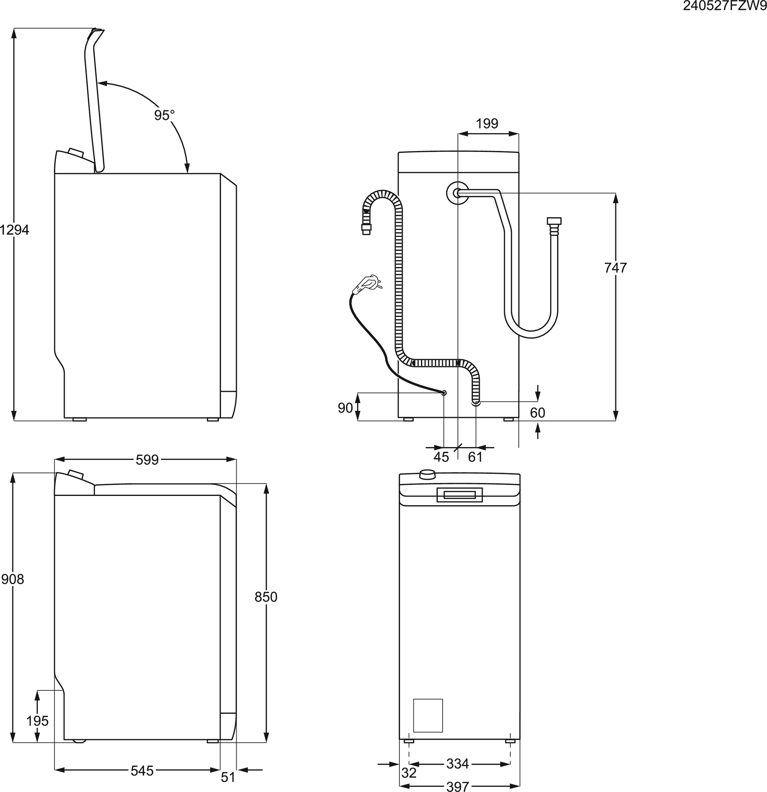 Dibujo técnico de una lavadora, que muestra dimensiones y diferentes vistas desde varios ángulos.