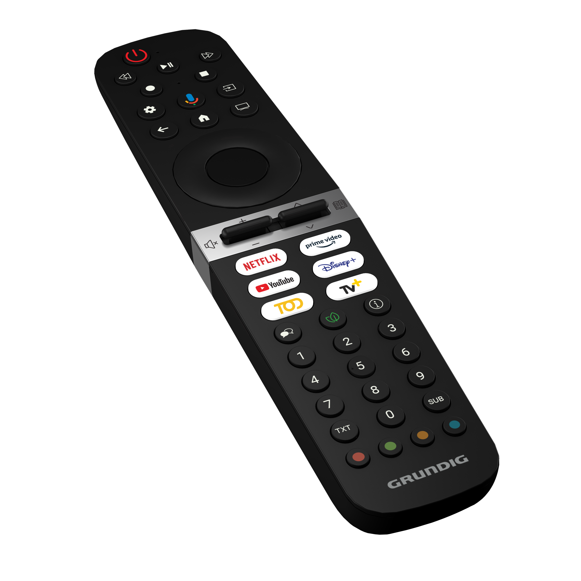 Netflix, YouTube ve diğer uygulama tuşlarına sahip siyah Grundig TV uzaktan kumandası.