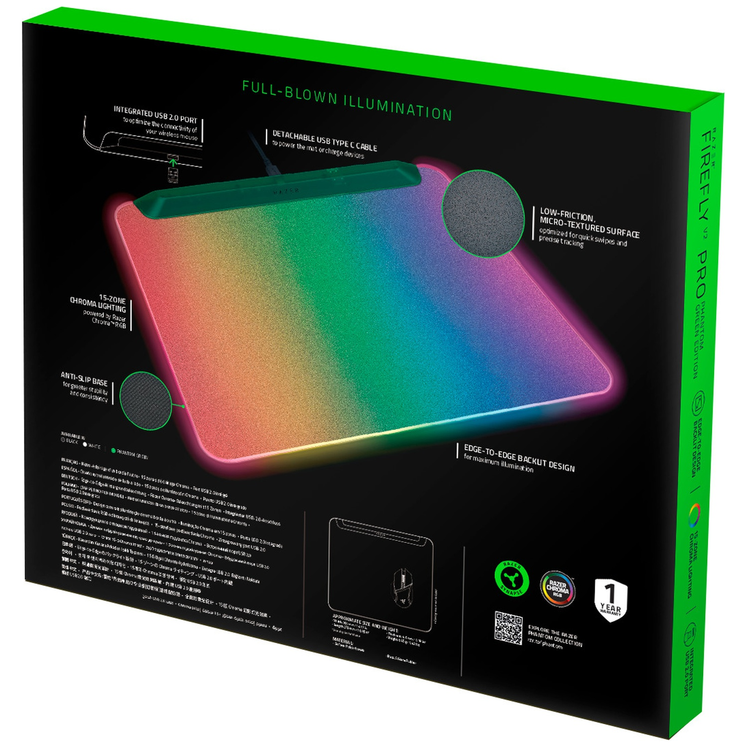 Razer Firefly Pro box. It shows a mouse pad with colorful light, USB port, and Chroma lighting.