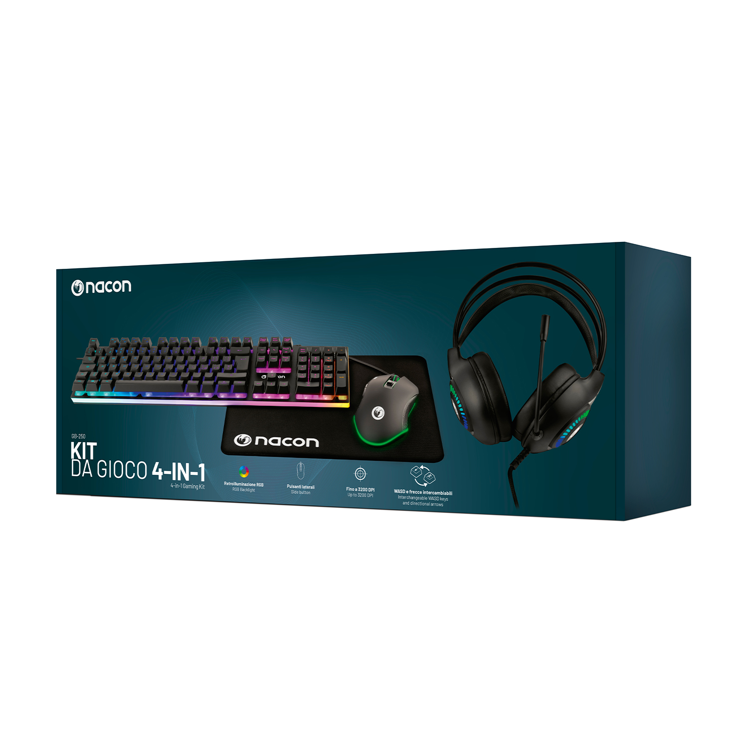 Kit da gaming con tastiera, mouse, tappetino e cuffie. Tastiera e cuffie hanno illuminazione RGB. Il mouse ha pulsanti laterali.