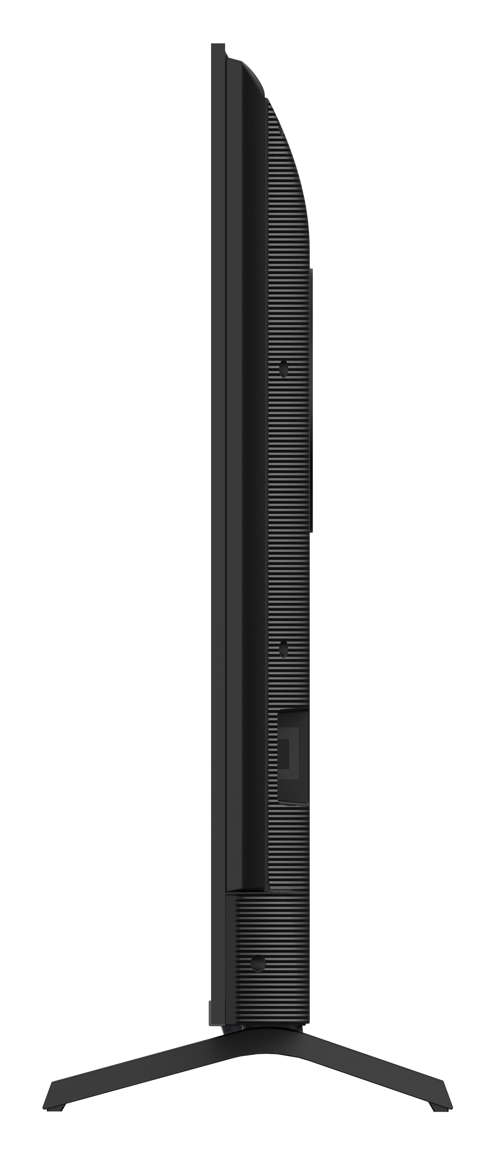Widok z boku czarnego telewizora ze stojakiem. Ekran jest cienki i prostokątny. Tył ma wentylację i porty. Białe tło.