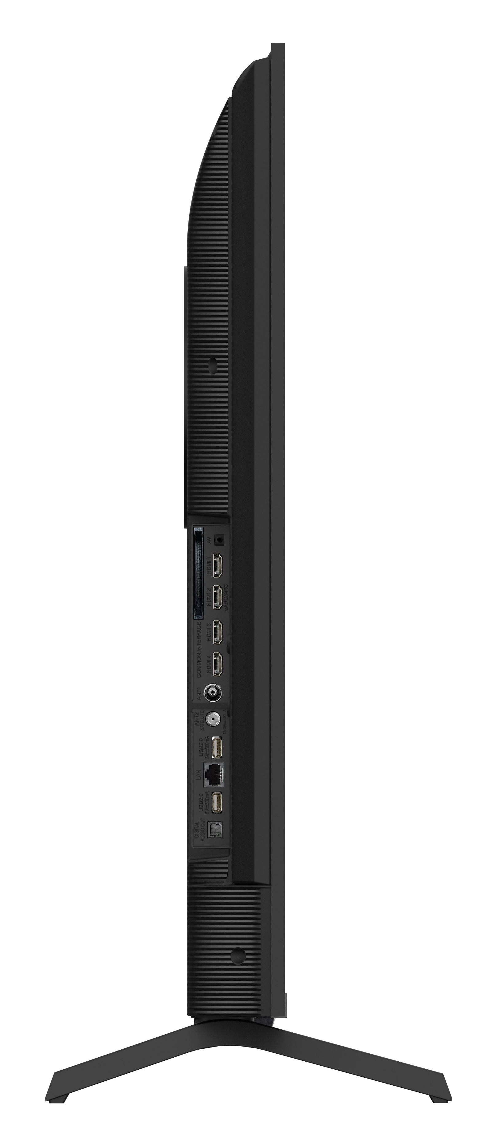 Widok z boku czarnego telewizora z portami i stojakiem. Bok ma otwory wentylacyjne, HDMI, USB i inne porty połączeniowe.