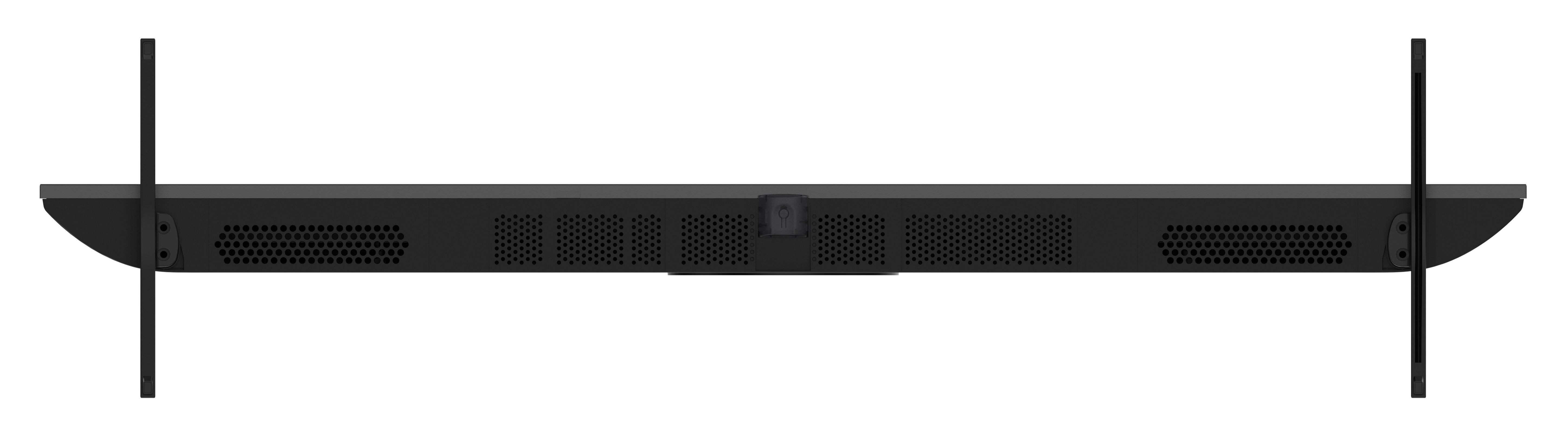 Czarny telewizor jest wyśrodkowany. Pionowe czarne paski rozciągają się od góry i dołu. Telewizor ma otwory wentylacyjne.