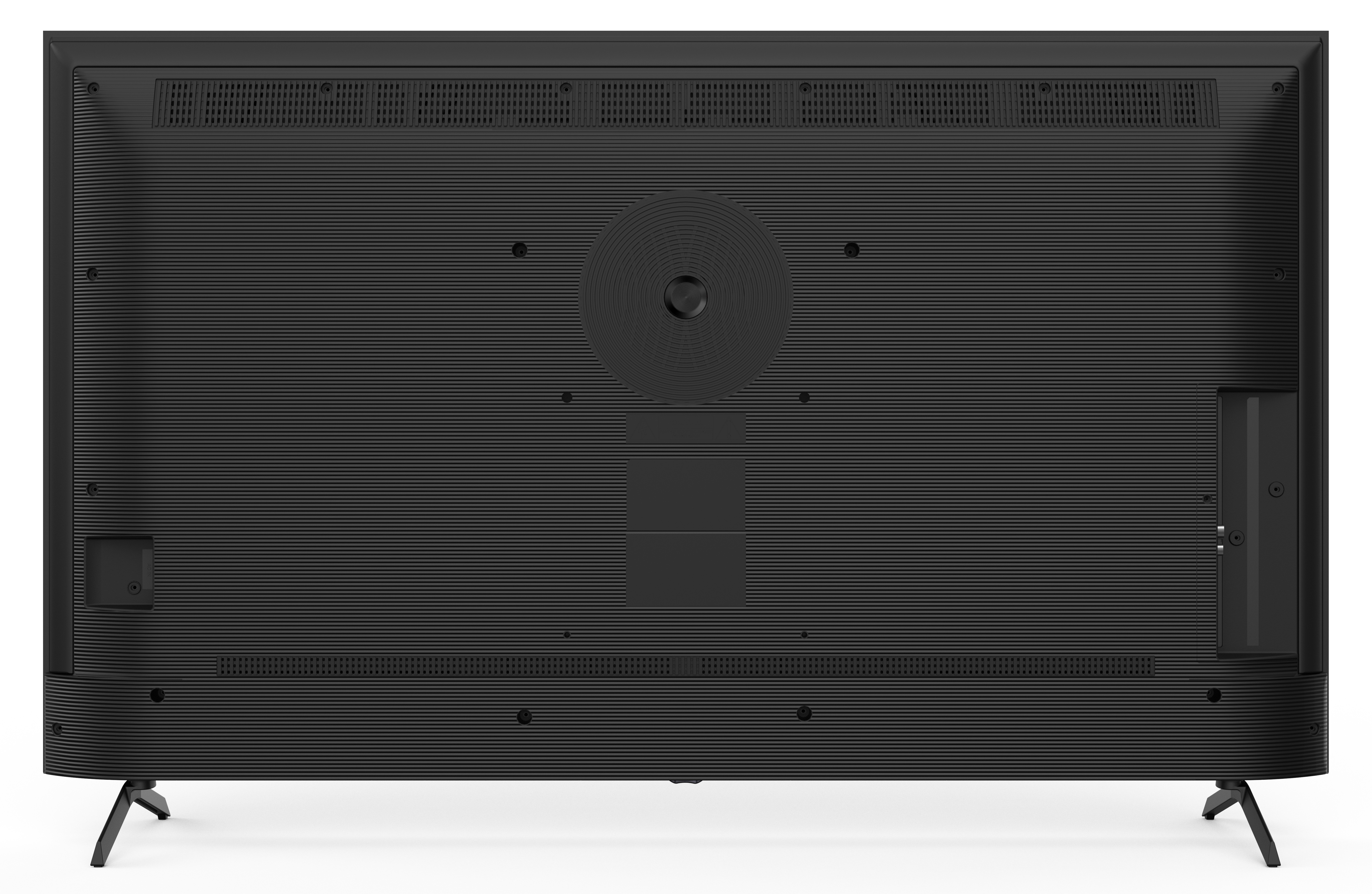 Tył czarnego telewizora. Ma prążkowany wzór, wentylację, porty i dwie nóżki.