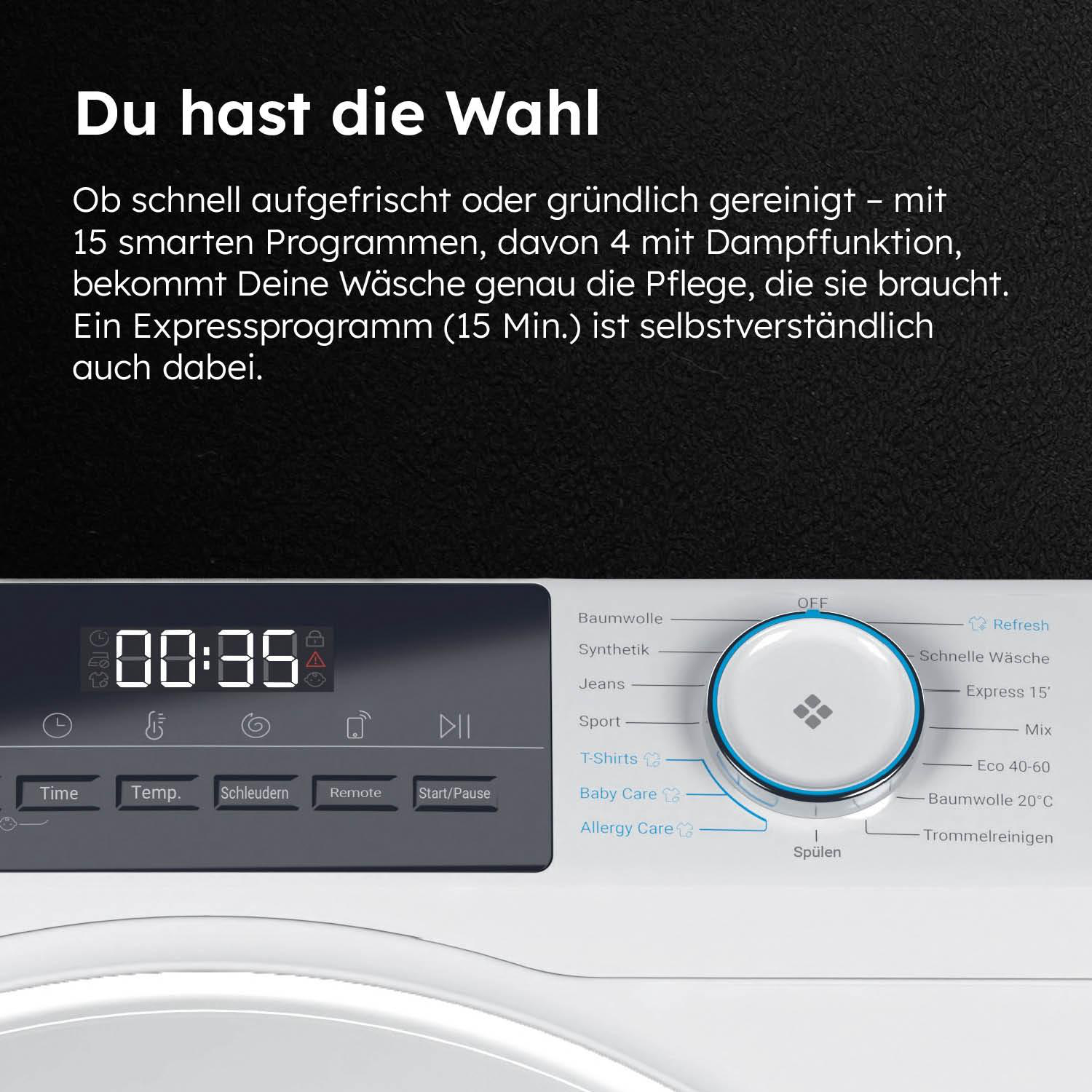 Waschmaschinen-Bedienfeld mit Digitalanzeige. Es gibt ein Wahlrad für Programme und Knöpfe.