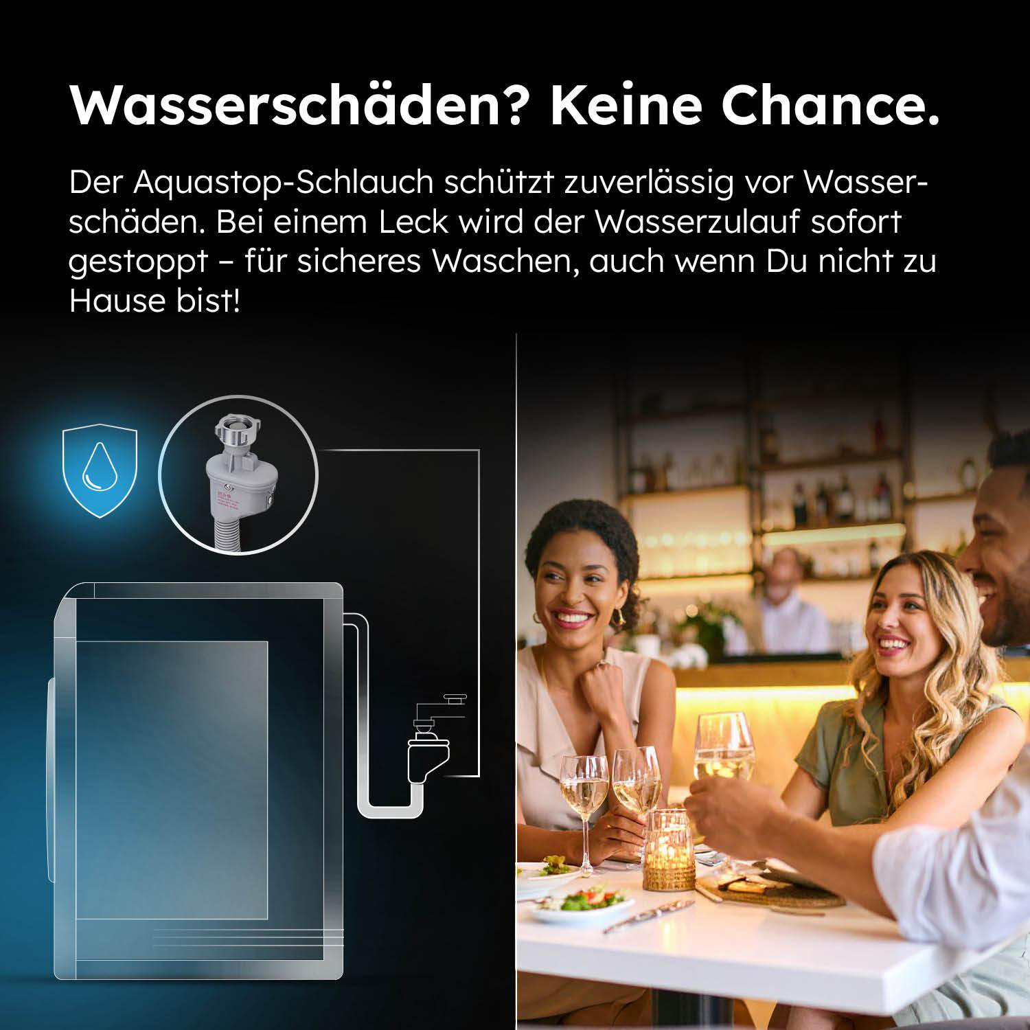 Das Bild zeigt ein Wasserschutzsystem, im Hintergrund glückliche Leute beim Essen, die Getränke und Essen genießen.