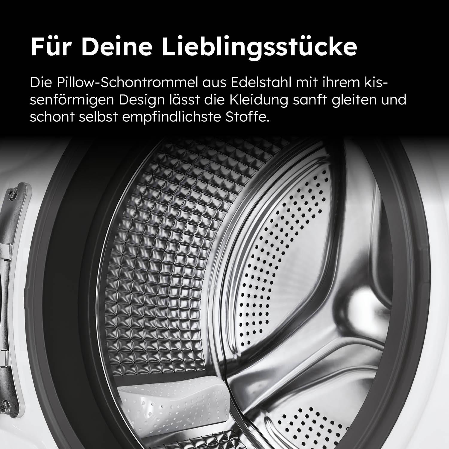 Innenraum der Waschmaschinentrommel. Edelstahl mit Muster und kissenförmigem Element.