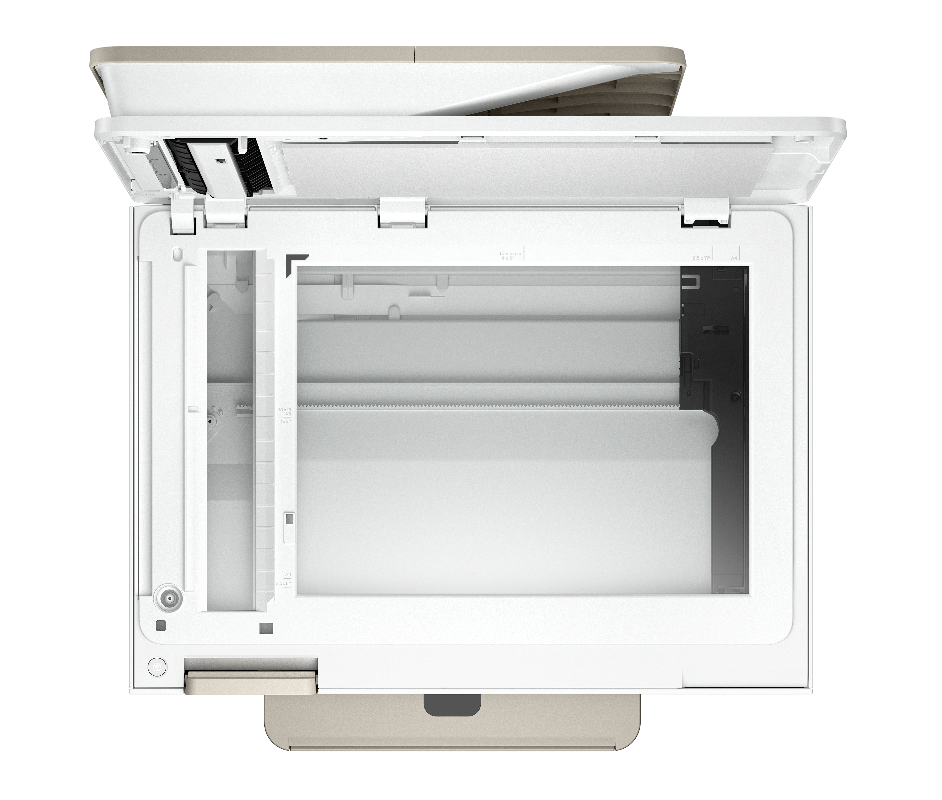 Draufsicht auf einen weiß-beigen Drucker. Der Deckel ist geöffnet. Das Scannerbett ist sichtbar, mit weißem Papier darin.