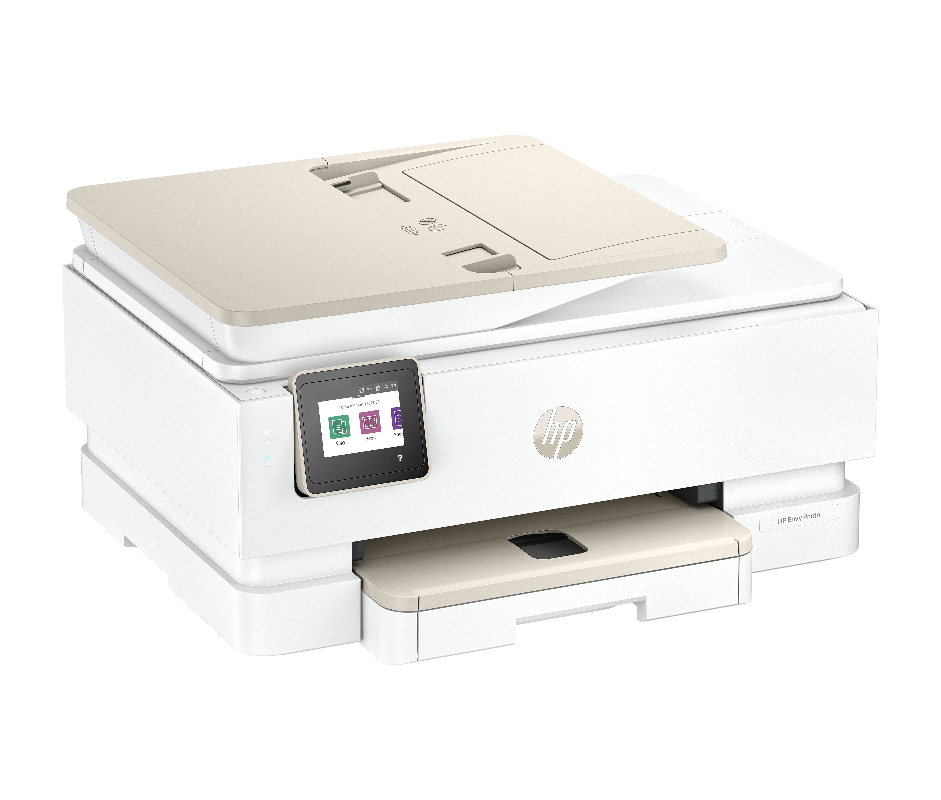 Ein weißer und beigefarbener HP-Drucker. Er hat einen Touchscreen und ein Papierfach. Das HP-Logo ist sichtbar.