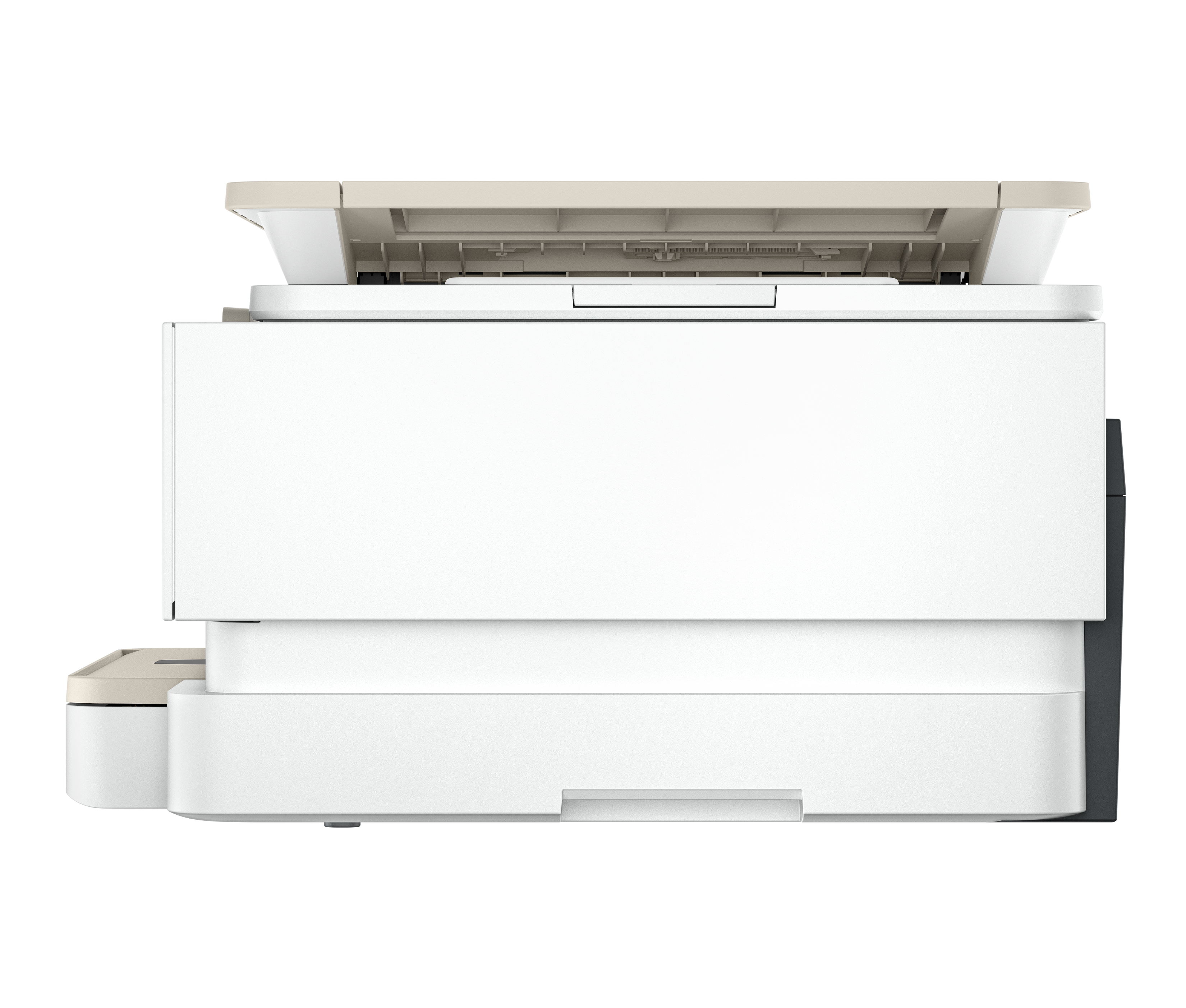 Ein weiß-beiger Multifunktionsdrucker. Die Oberseite hat einen beigen Deckel, der Hauptkörper ist weiß.