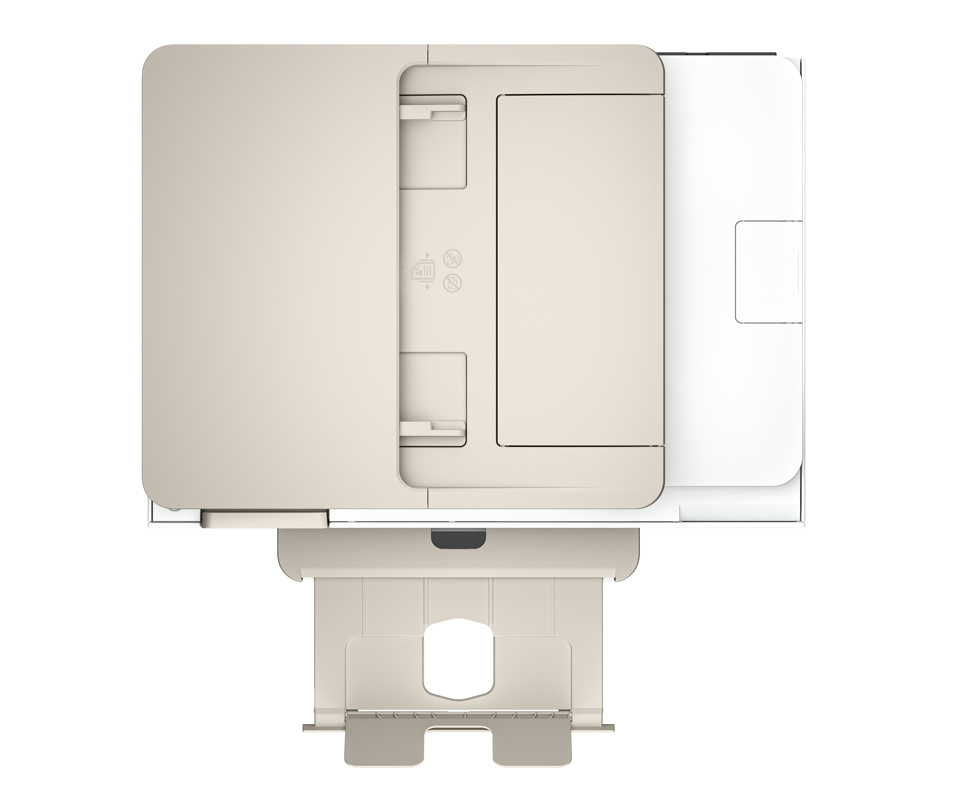 Draufsicht auf einen beige-weißen Drucker mit Papierfächern. Der Drucker hat ein flaches Design mit verschiedenen Fächern und einem Papierausgabefach.