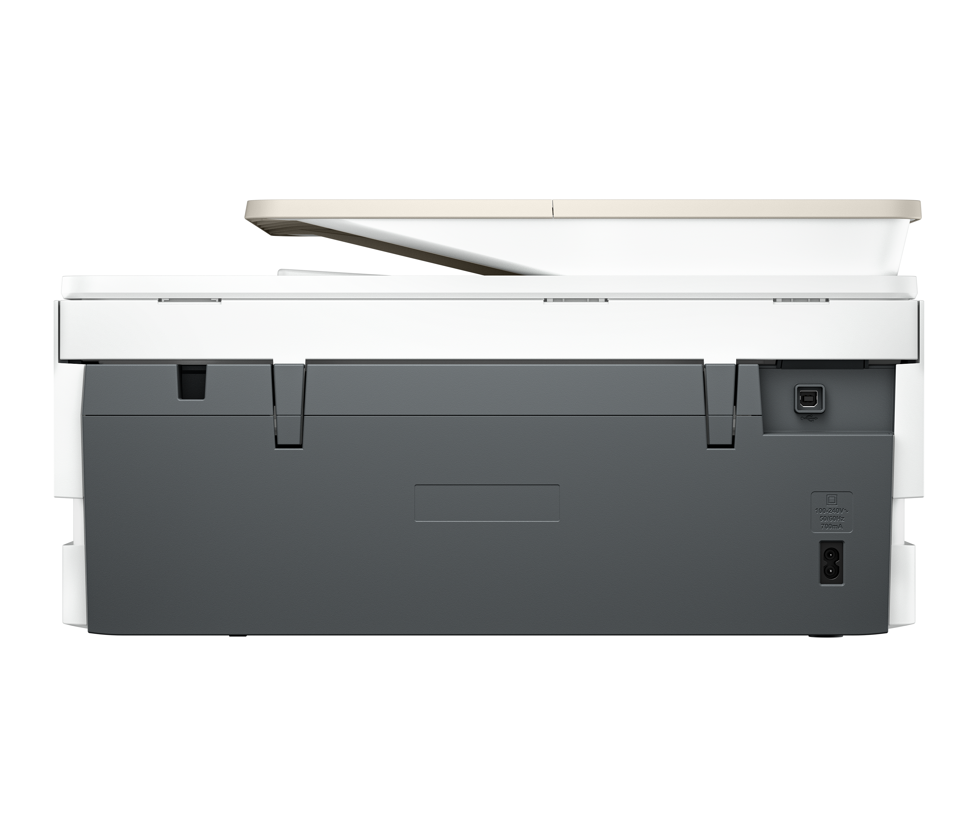 Ein weiß-grauer Drucker von der Seite gesehen. Er hat eine beige Oberseite, einen USB-Anschluss, einen Stromeingang und einen Flachbettscanner.