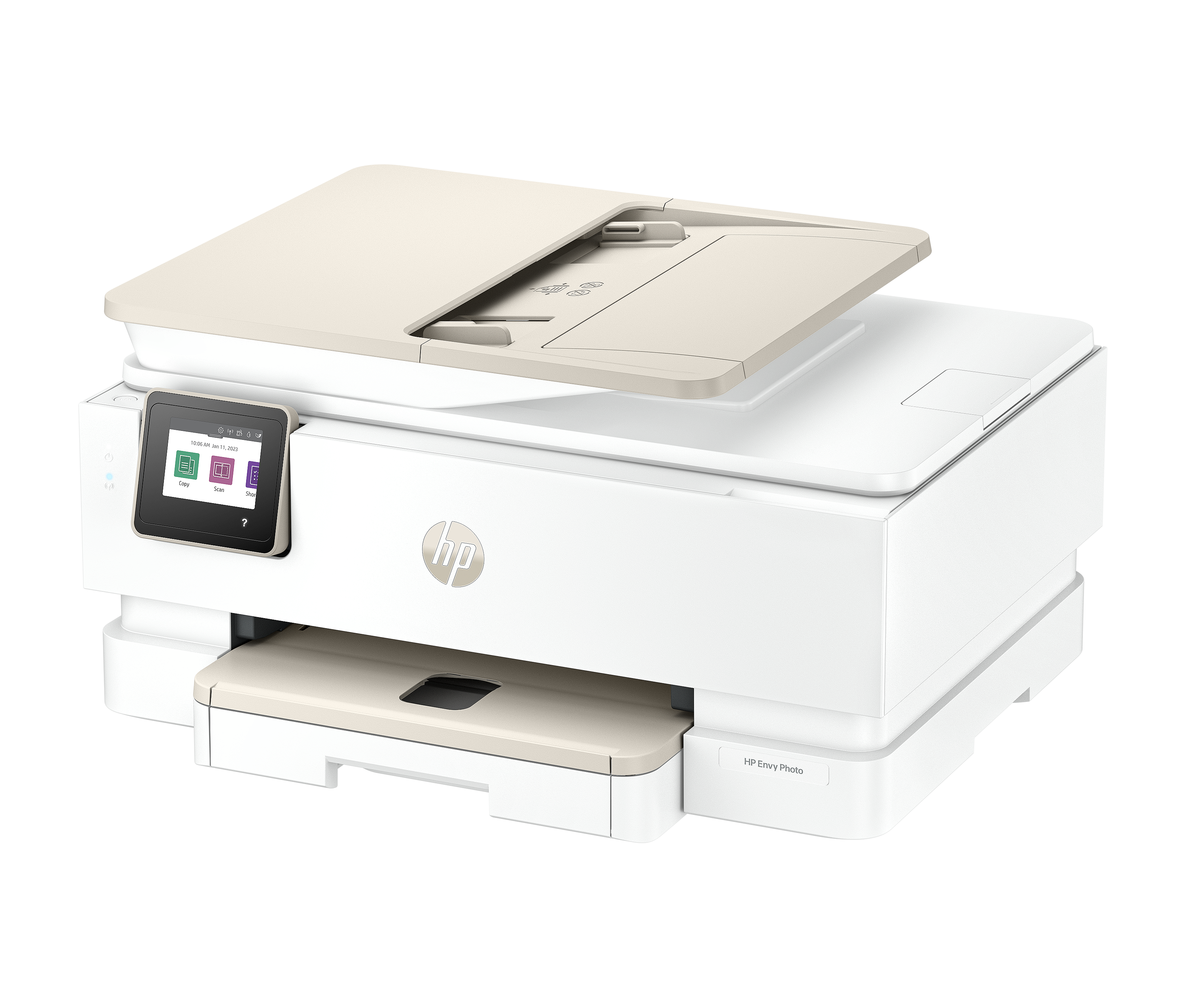 Ein weißer HP-Drucker mit beiger oberer Abdeckung und Papierfach. Auf der Vorderseite befindet sich ein Touchscreen-Display. HP-Logo sichtbar.
