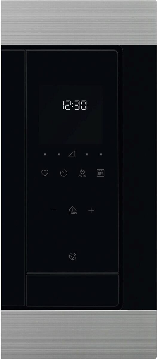 Panel de control de microondas negro con reloj digital que muestra 12:30. Cuenta con varios símbolos y botones.