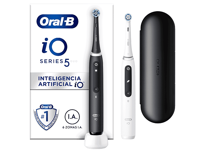 Cepillo eléctrico - Oral-B iO 5S, Pack Doble, 2 Cabezales, Con App, estuche de viaje, Blanco y Negro,