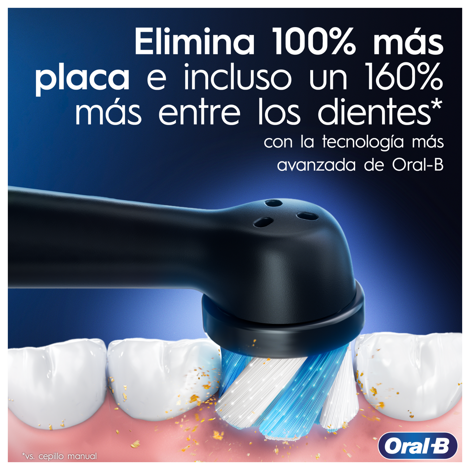 Elimina 100% más placa e incluso 160% entre los dientes con la tecnología avanzada Oral-B vs cepillo manual