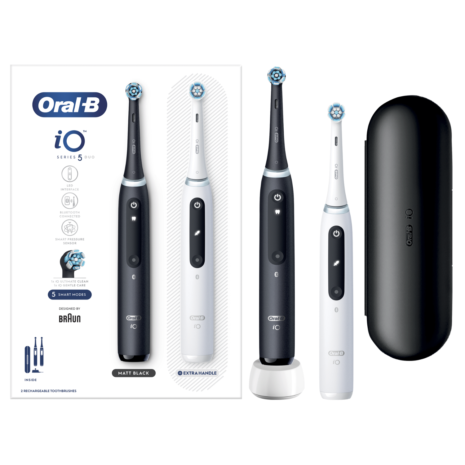 La imagen muestra un juego de cepillos de dientes Oral-B iO Series 5 Duo. Cuenta con dos cepillos, una base de carga y un estuche de viaje.