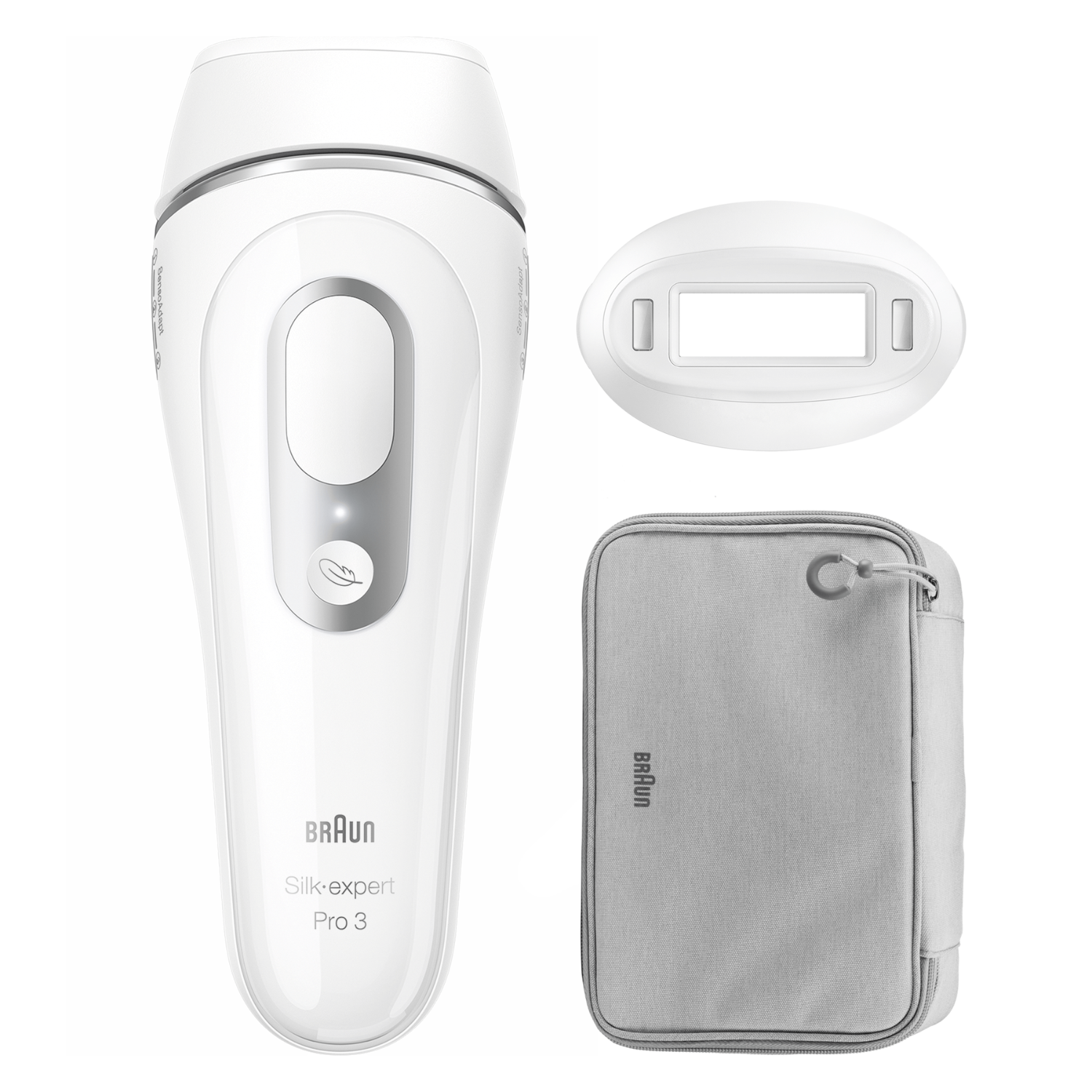 Un Braun Silk-expert Pro 3 blanco, un accesorio blanco y una funda gris. El dispositivo tiene un botón y el logotipo de Braun.