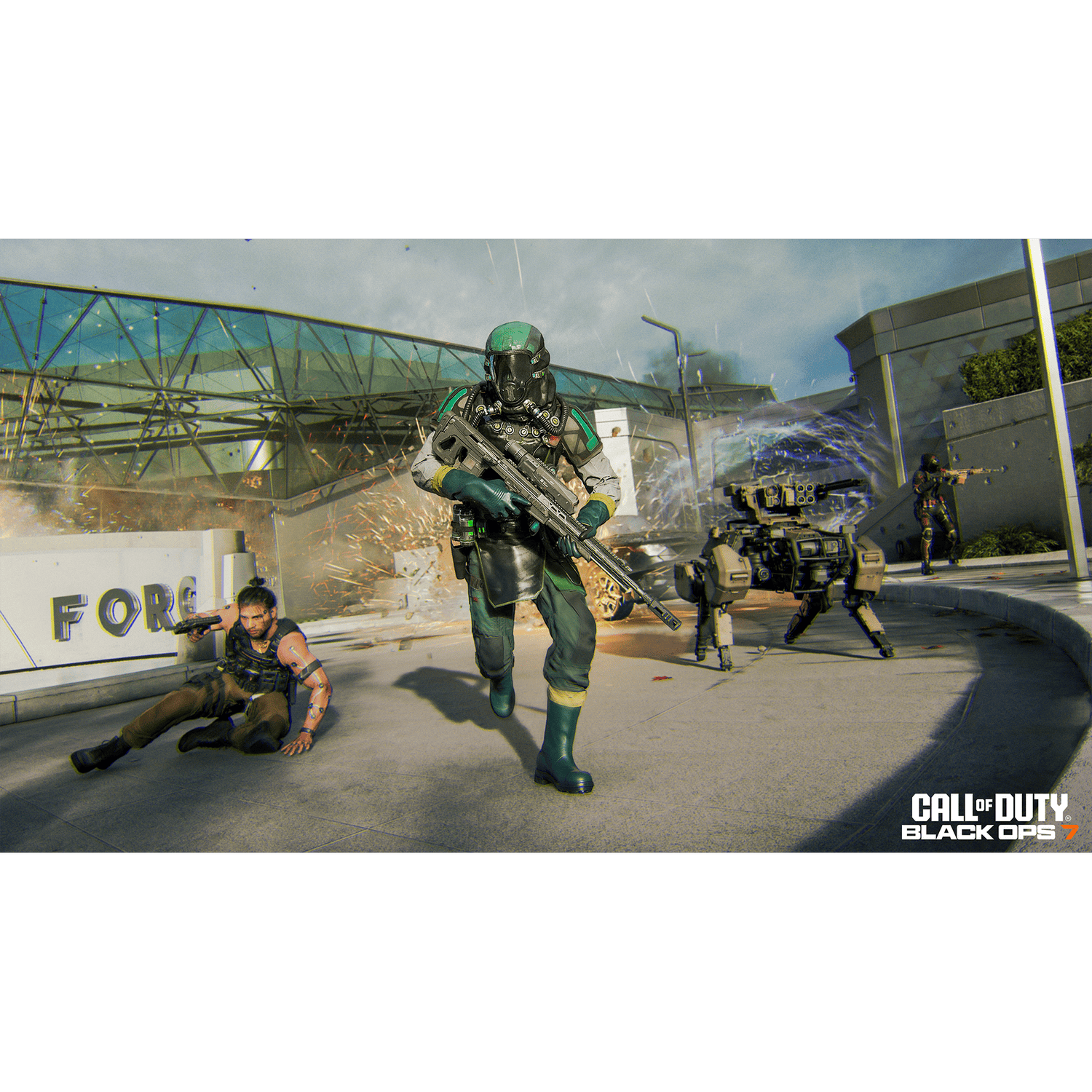 Soldado con armadura futurista corre con un arma. Otros soldados y un robot están en el fondo, en medio de una explosión.
